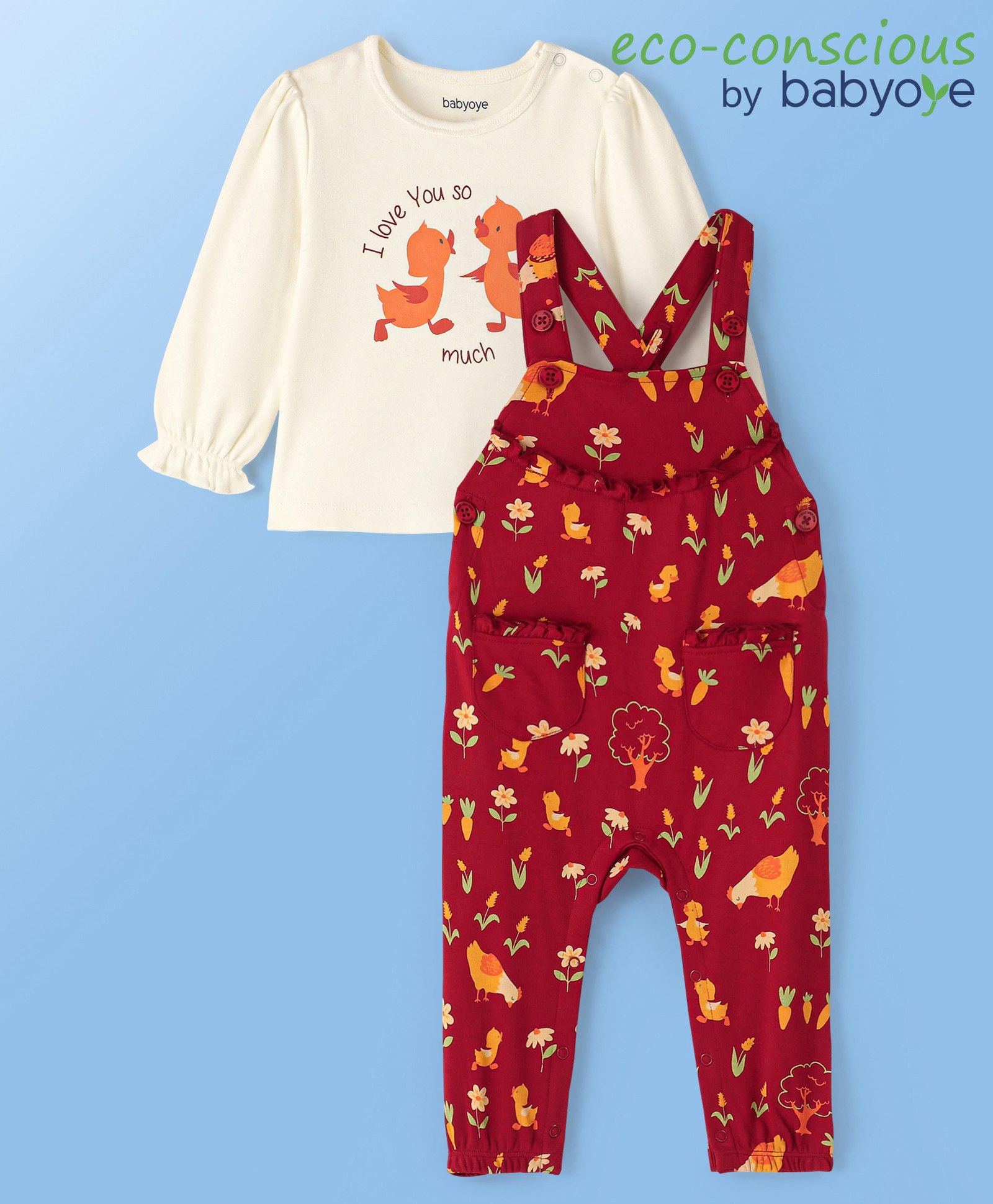 Babyoye Eco Conscious 100% Cotton Full Sleeves Inner Tee & Dungarees With Hen & Duck Print - Red & White-image-44