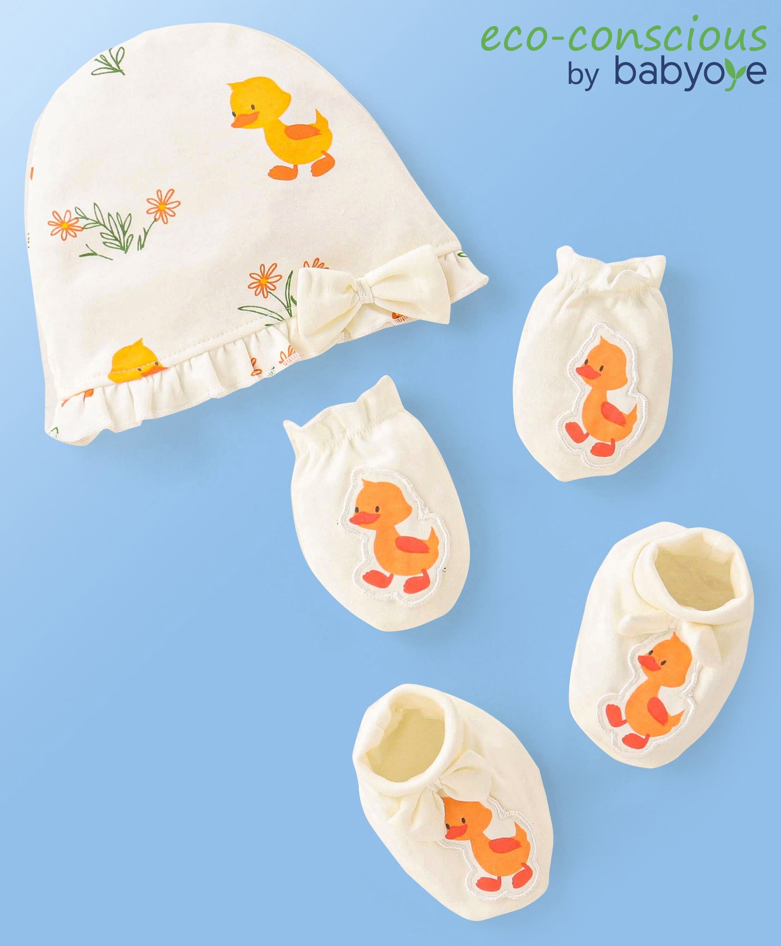 Babyoye 100% Cotton with Eco-Jiva Finish Duck Print Cap Mitten & Booties Blue - Circumference 32 cm-image-41
