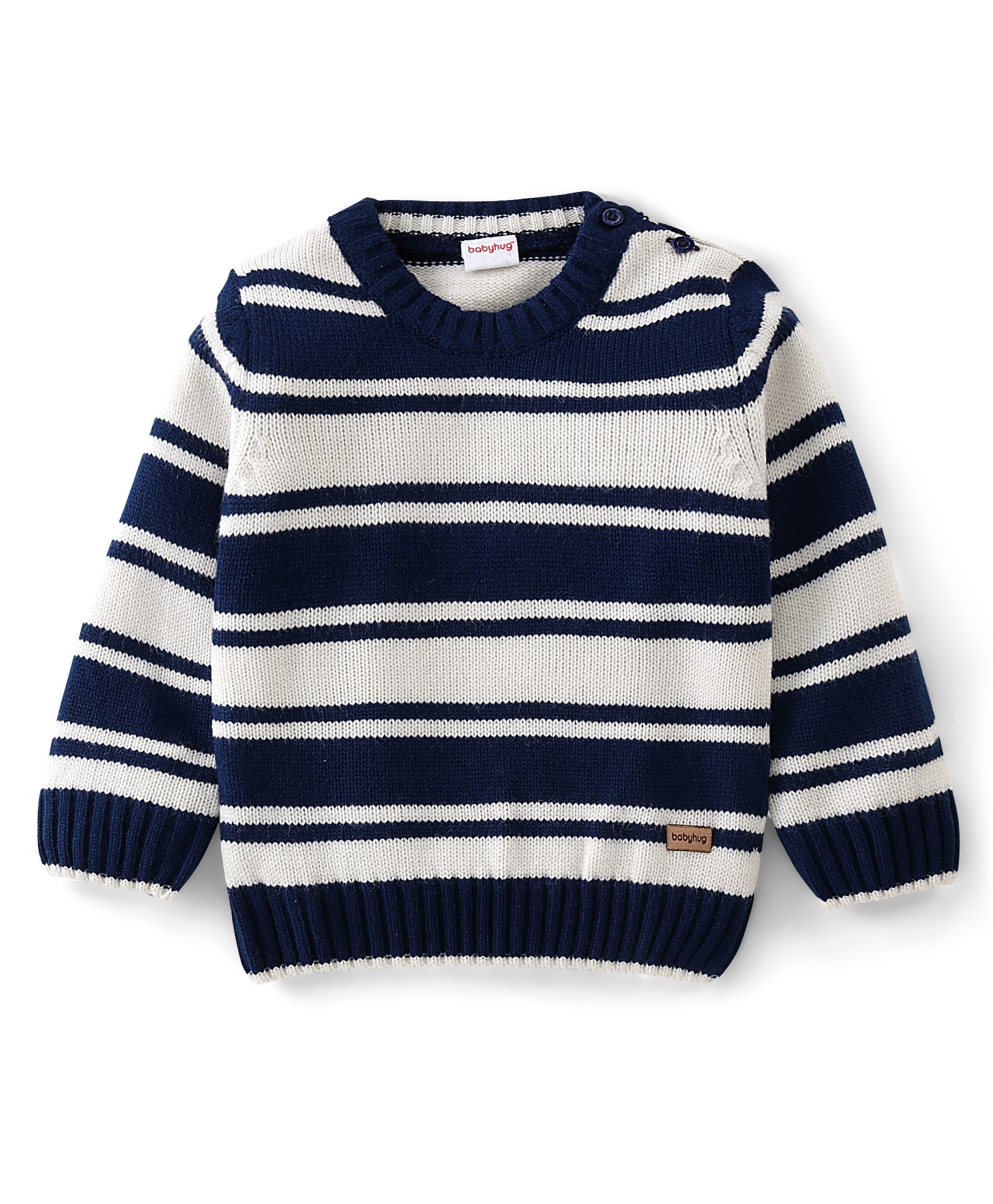 Babyhug Knitted Full Sleeves Striped Sweater - Navy & White-image-3