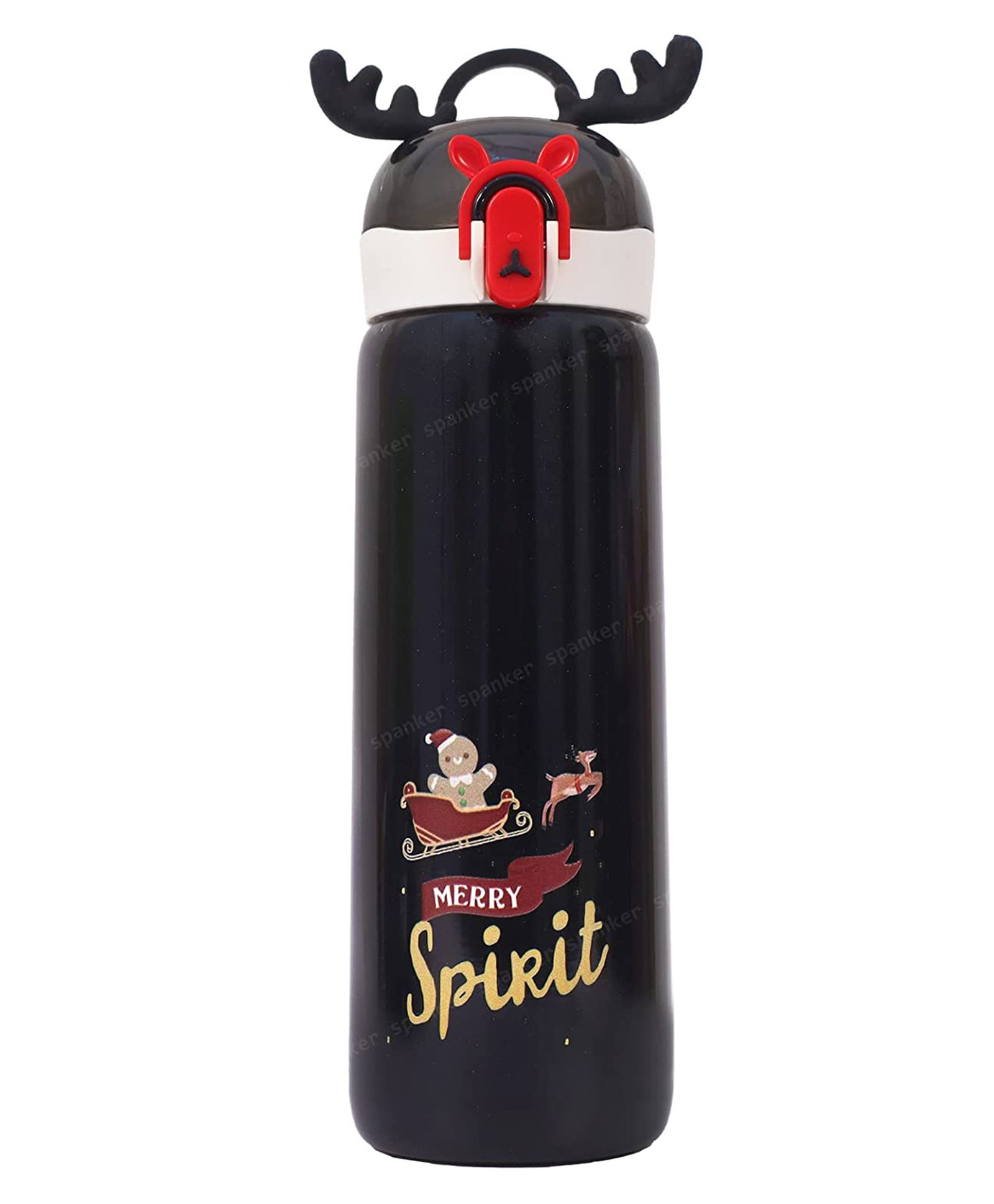 spanker Toyshine , ReinDeer Shape Edition Insulated SUS 304 Kids Water Bottle Spill Valve Silicone Handle, Pop Button, BPA Free for Kids School, Children's Drinkware , 440 ml , Black-picture-1
