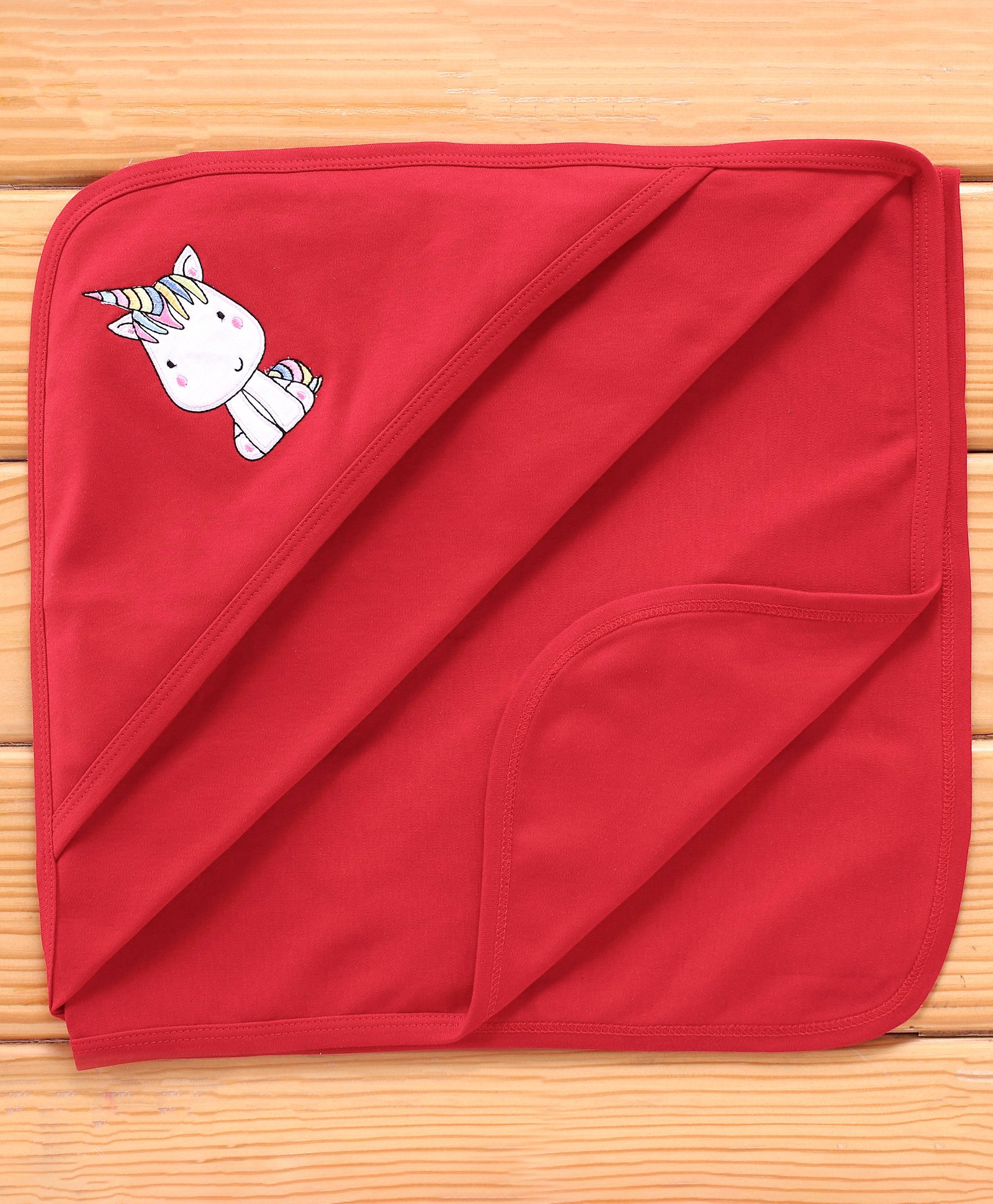 Babyhug Unicorn Embroidered Cotton Knit Hooded Wrapper- Red-image-21