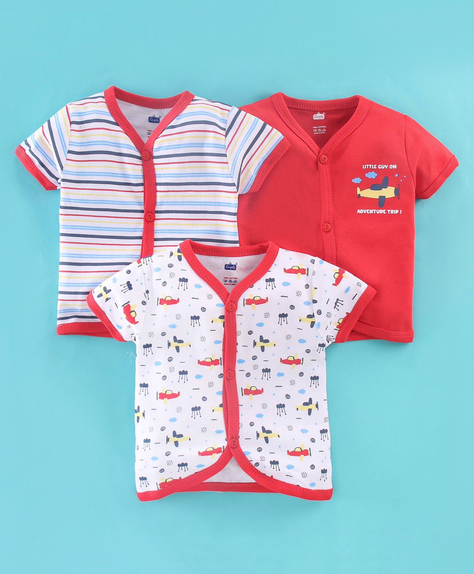 Simply Interlock Cotton Half Sleeves Vests Stripes & Aeroplane Print Pack of 3 - White & Red-picture-39