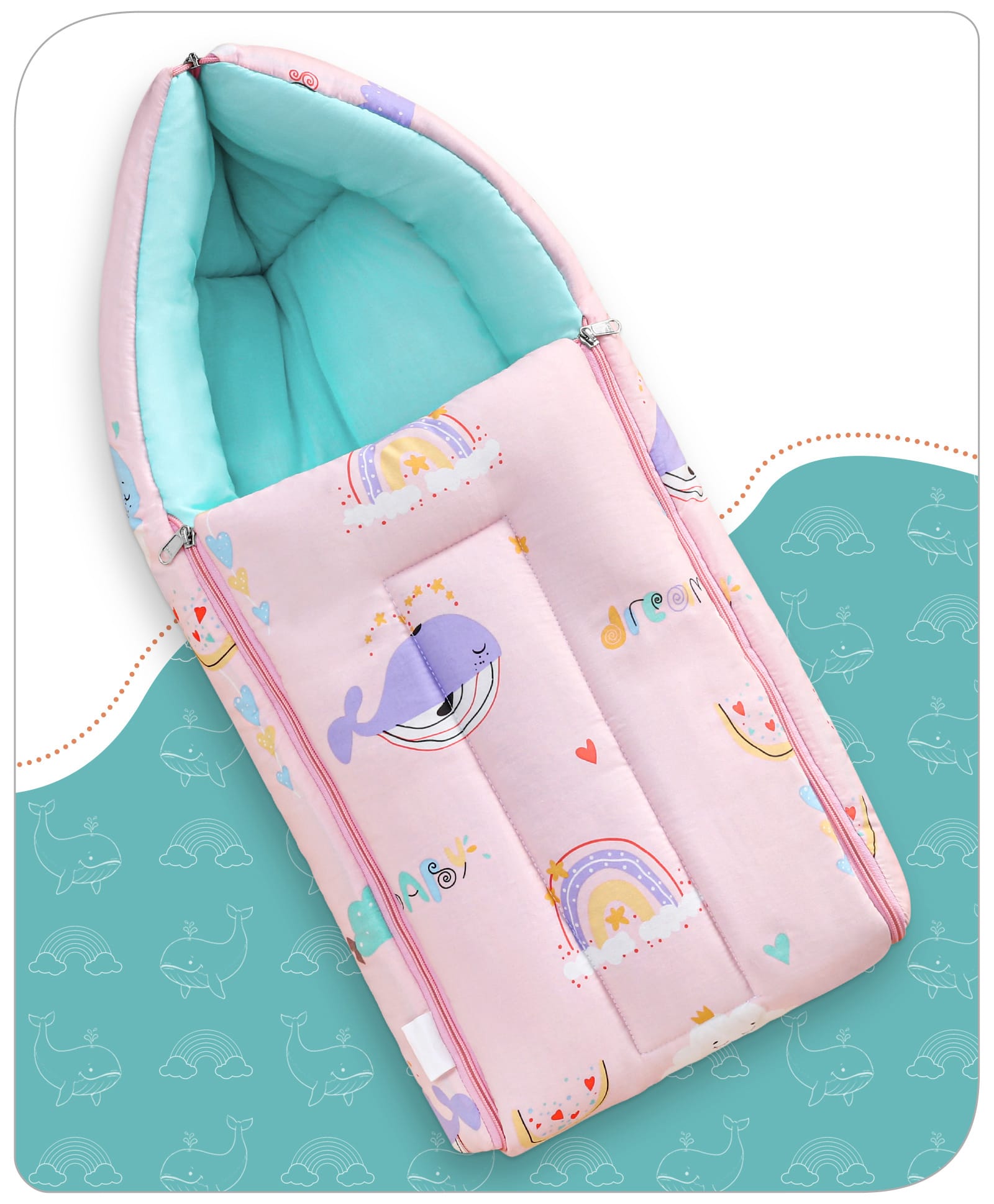 Babyhug Cotton Sleeping Bag Rainbow Print- Pink-image-25