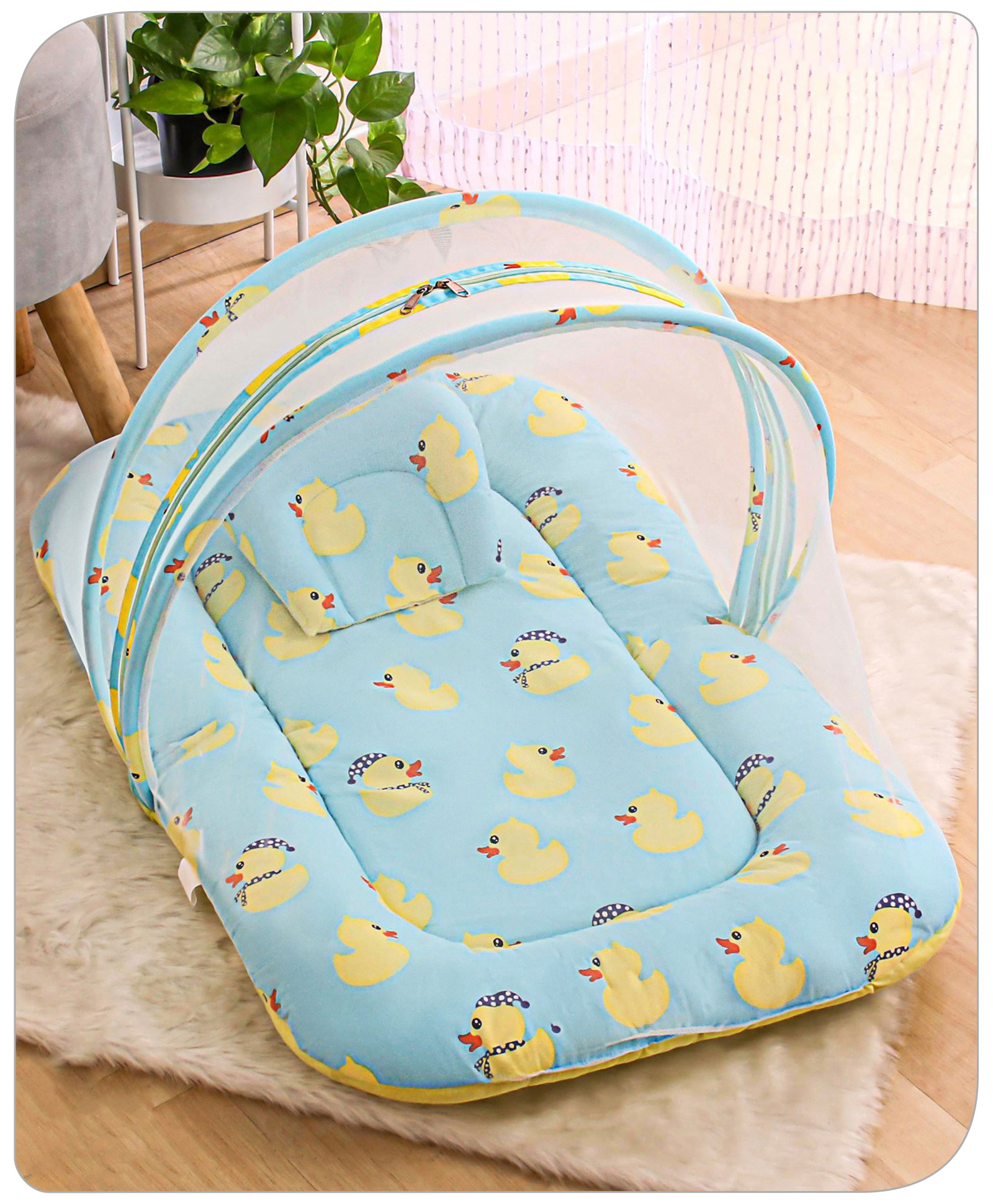 Babyhug Cotton Bedding Set with Mosquito Net Duck Print- Blue