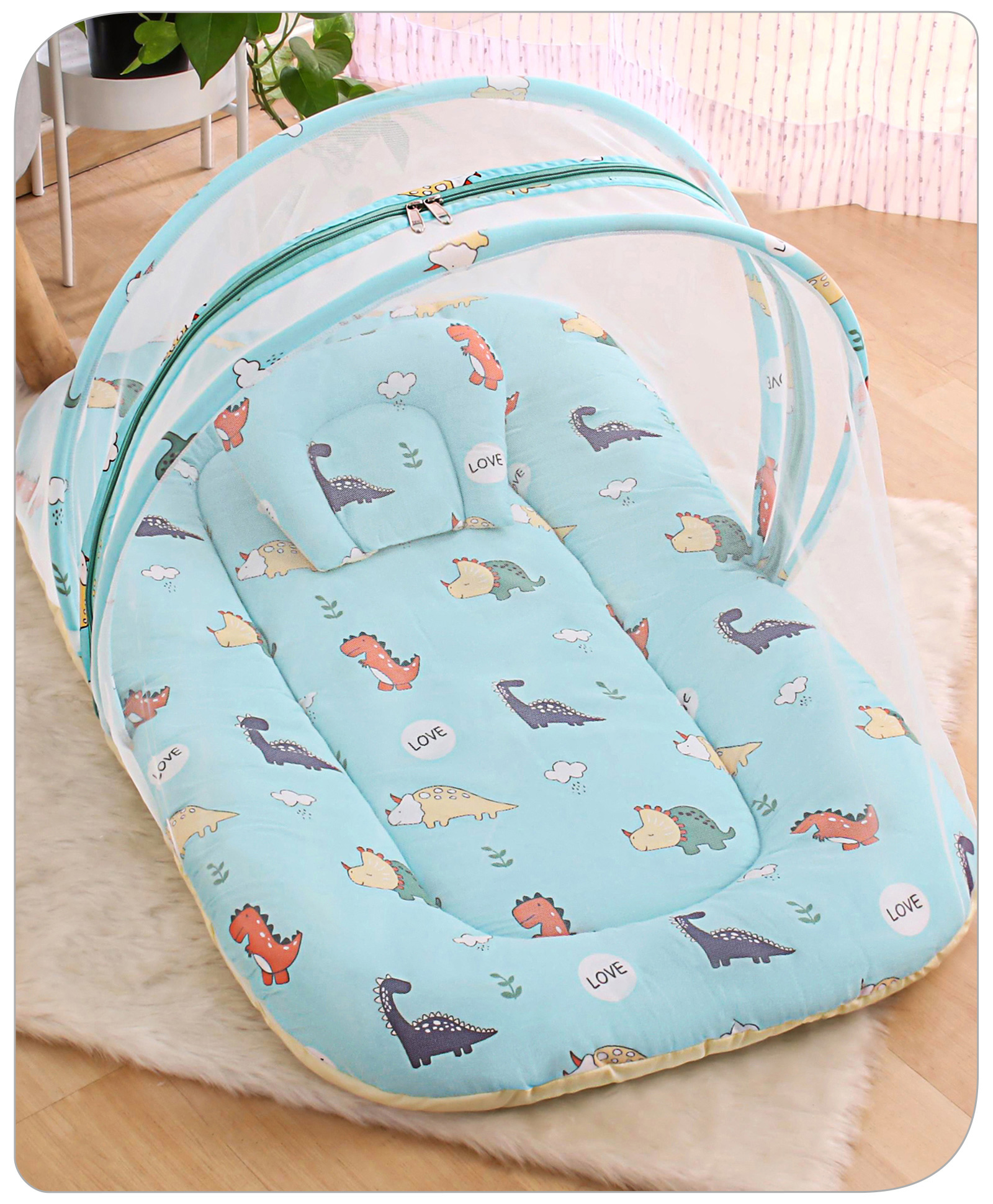 Babyhug Cotton Bedding Set with Mosquito Net Dino Print- Sea Green