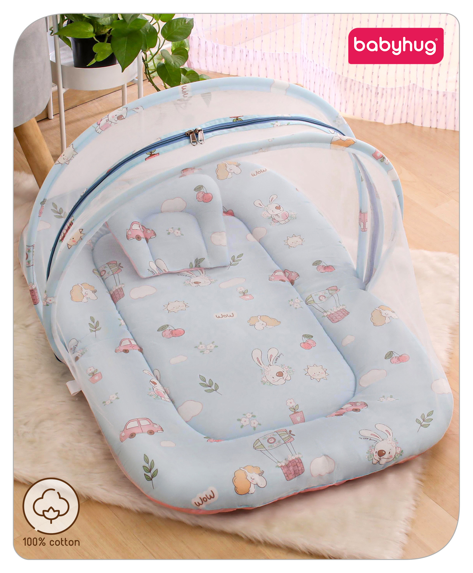 Babyhug Cotton Bedding Set with Mosquito Net Bunny Print- Blue-image-46