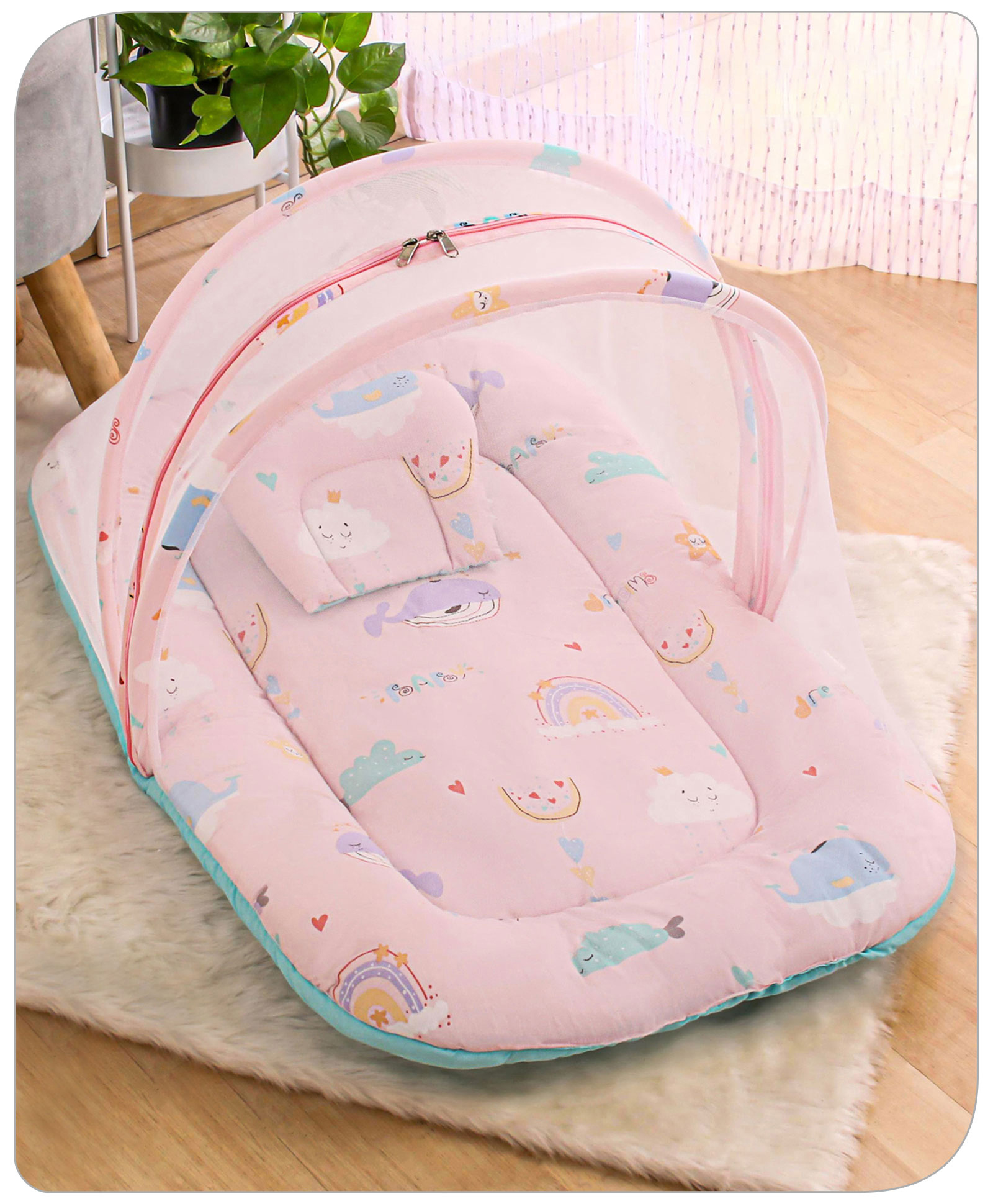 Babyhug Cotton Bedding Set with Mosquito Net Whale Print- Pink