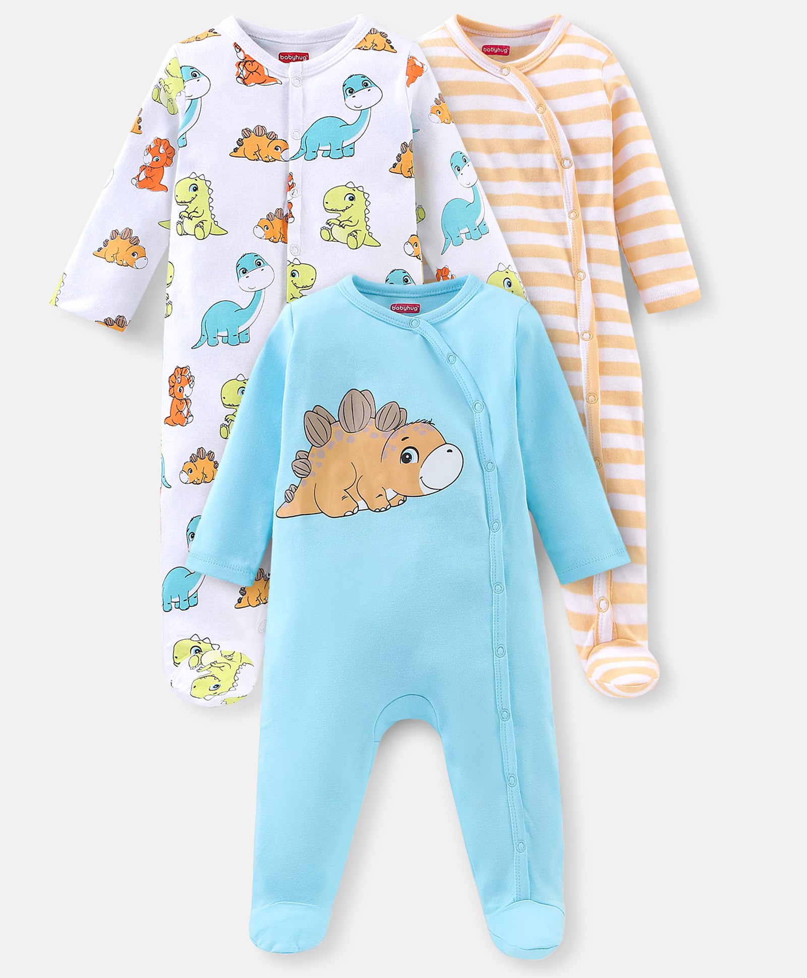 Babyhug Cotton Knit Full Sleeves Footed Sleep Suits Stripes & Dino Print - Blue White & Orange-image-39
