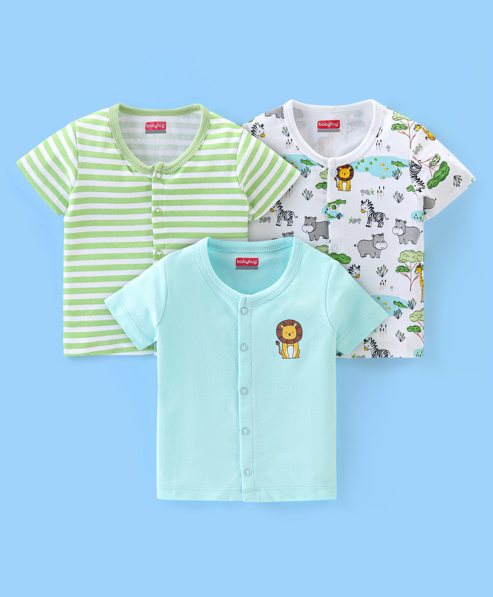 Babyhug 100% Cotton Interlock Knit Half Sleeves Front Open Vests Striped & Animal Print Pack Of 3 - Green White & Blue-picture-24