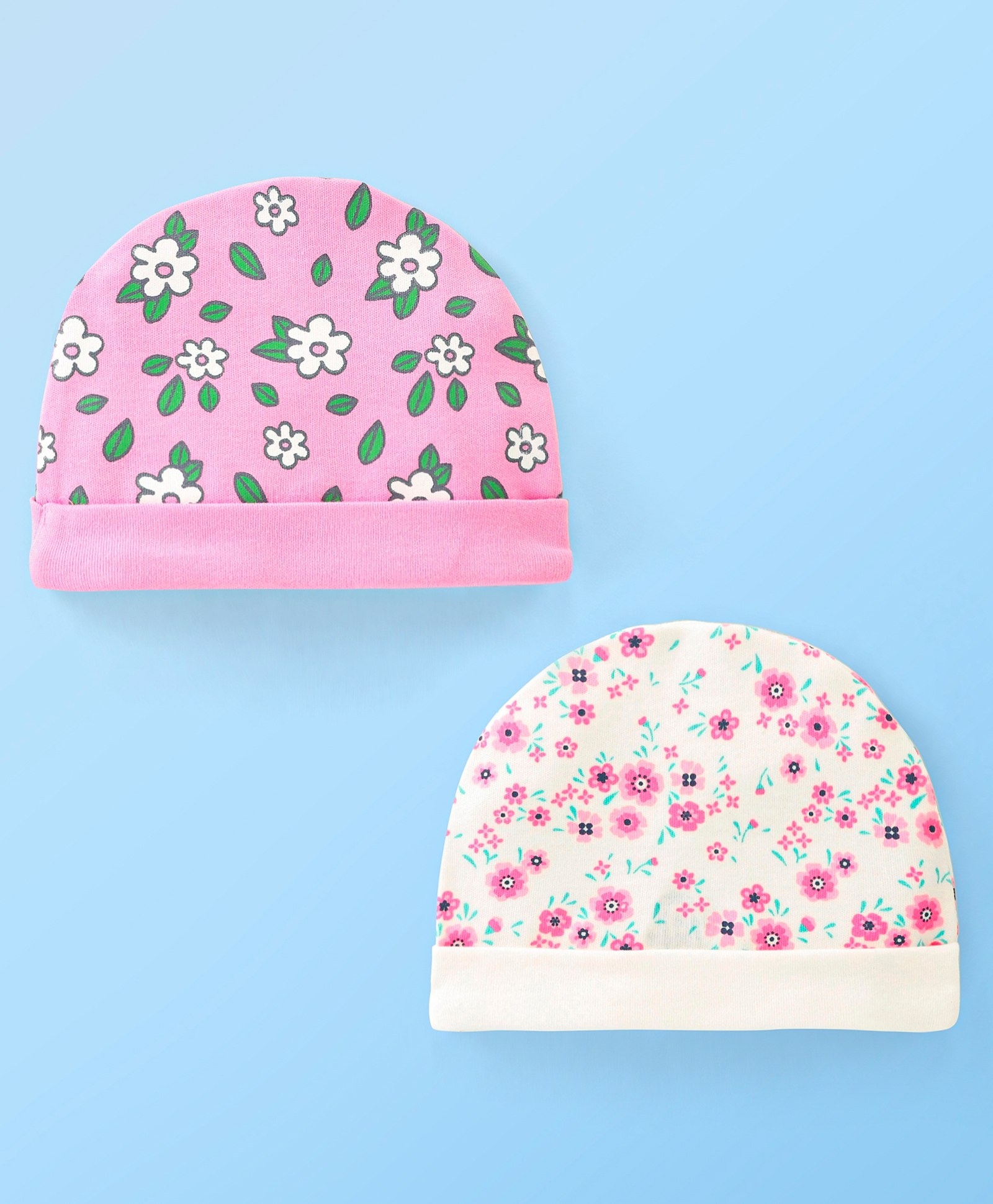 Doodle Poodle 100% Cotton Floral Print Caps Pack of 2 White Pink - Diameter 10 cm-image-5