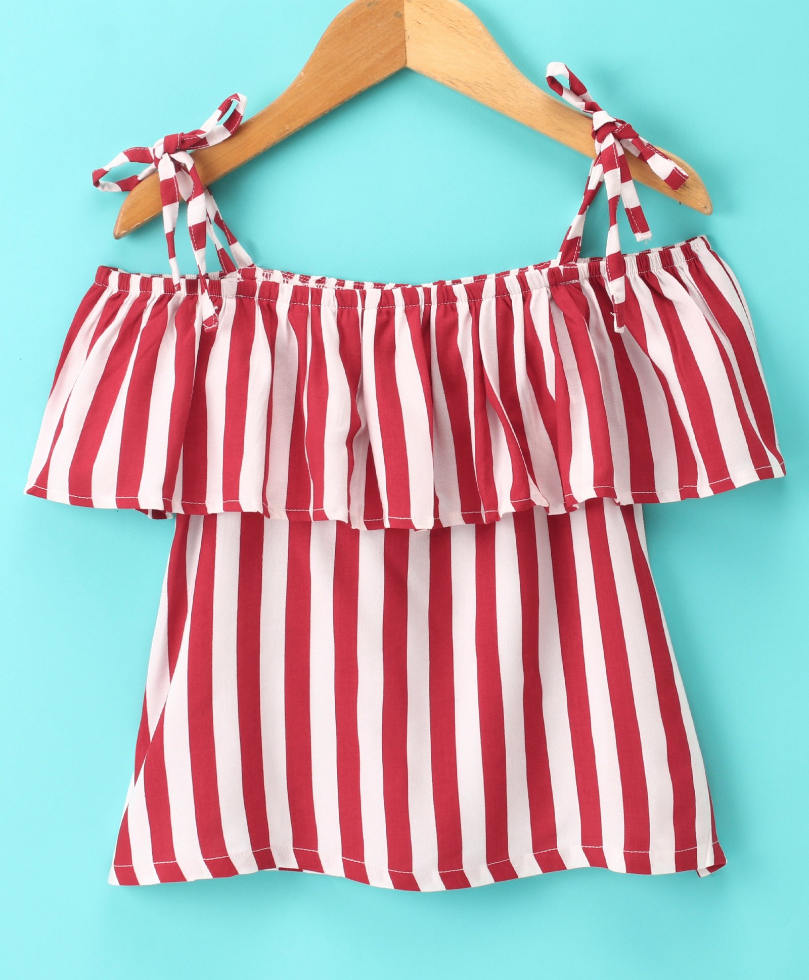 CrayonFlakes Cold Shoulder Half Sleeves Awning Striped Strappy Top - Off White & Red-image-14