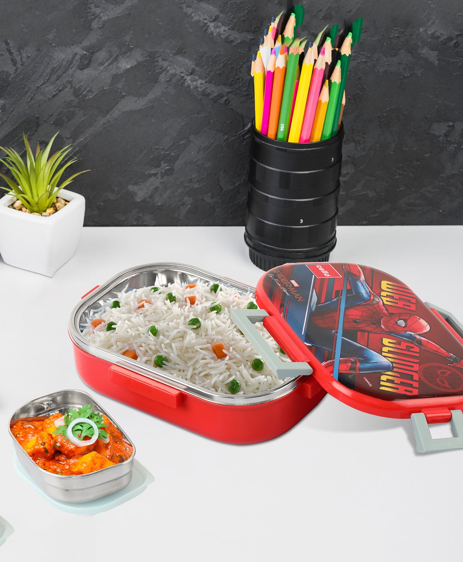 Cello Feast Deluxe Lunch Box With Inner Steel Spider Man Design- Red-image-15
