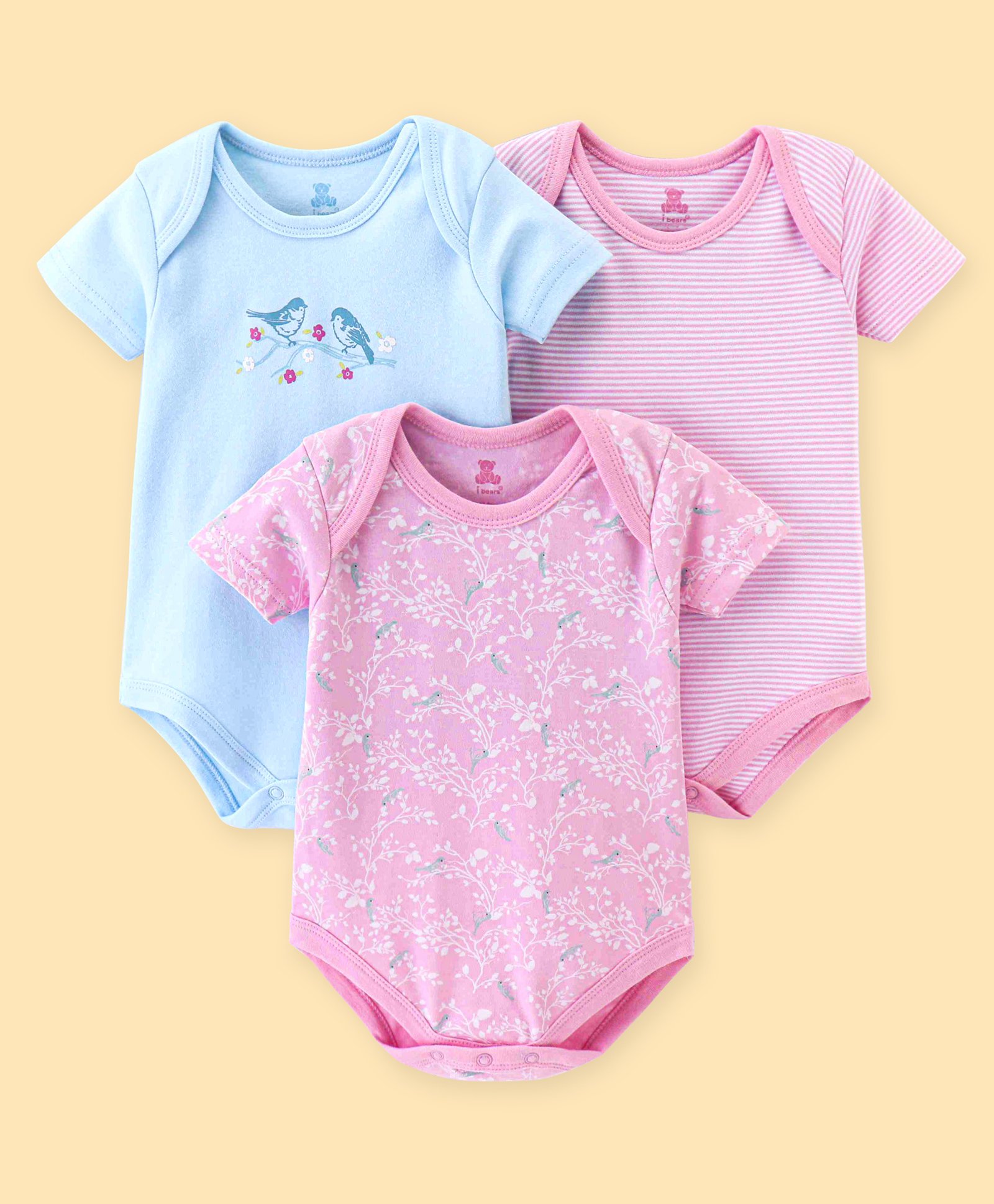 I Bears Interlock Cotton Half Sleeves Onesies Stripes & Floral Print Pack of 3 - Pink & Blue-image-36