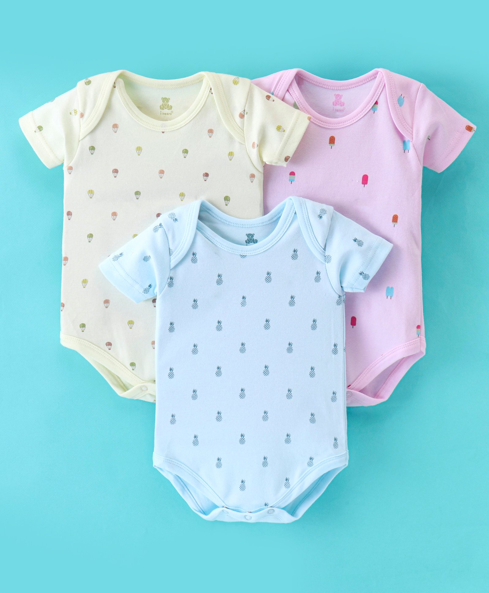 I Bears Interlock Cotton Half Sleeves Onesies Pineapple Print Pack of 3 - Purple Yellow & Blue-image-2