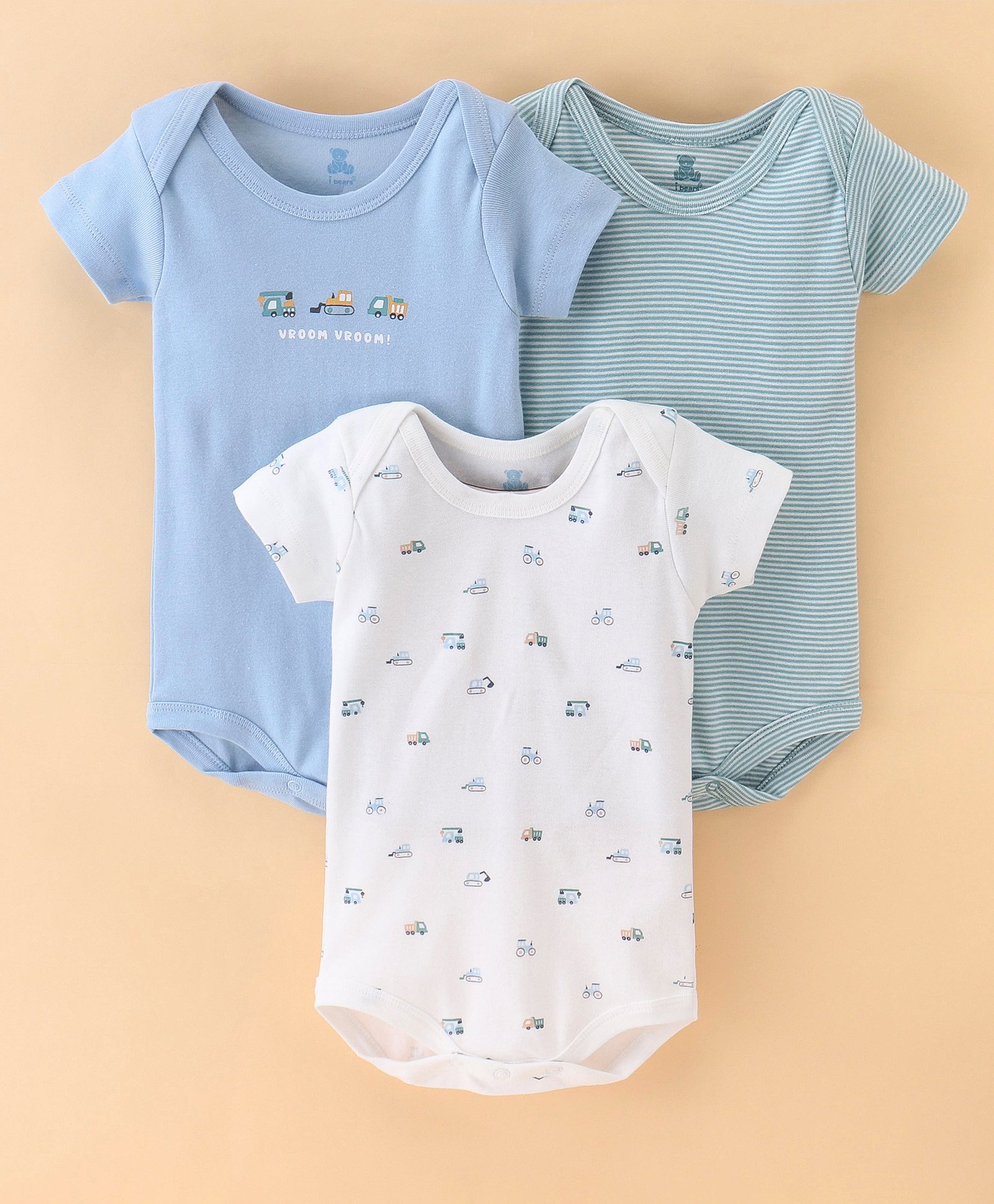 I Bears Interlock Cotton Half Sleeves Onesies Stripes & Truck Print Pack of 3 - White & Blue-image-6