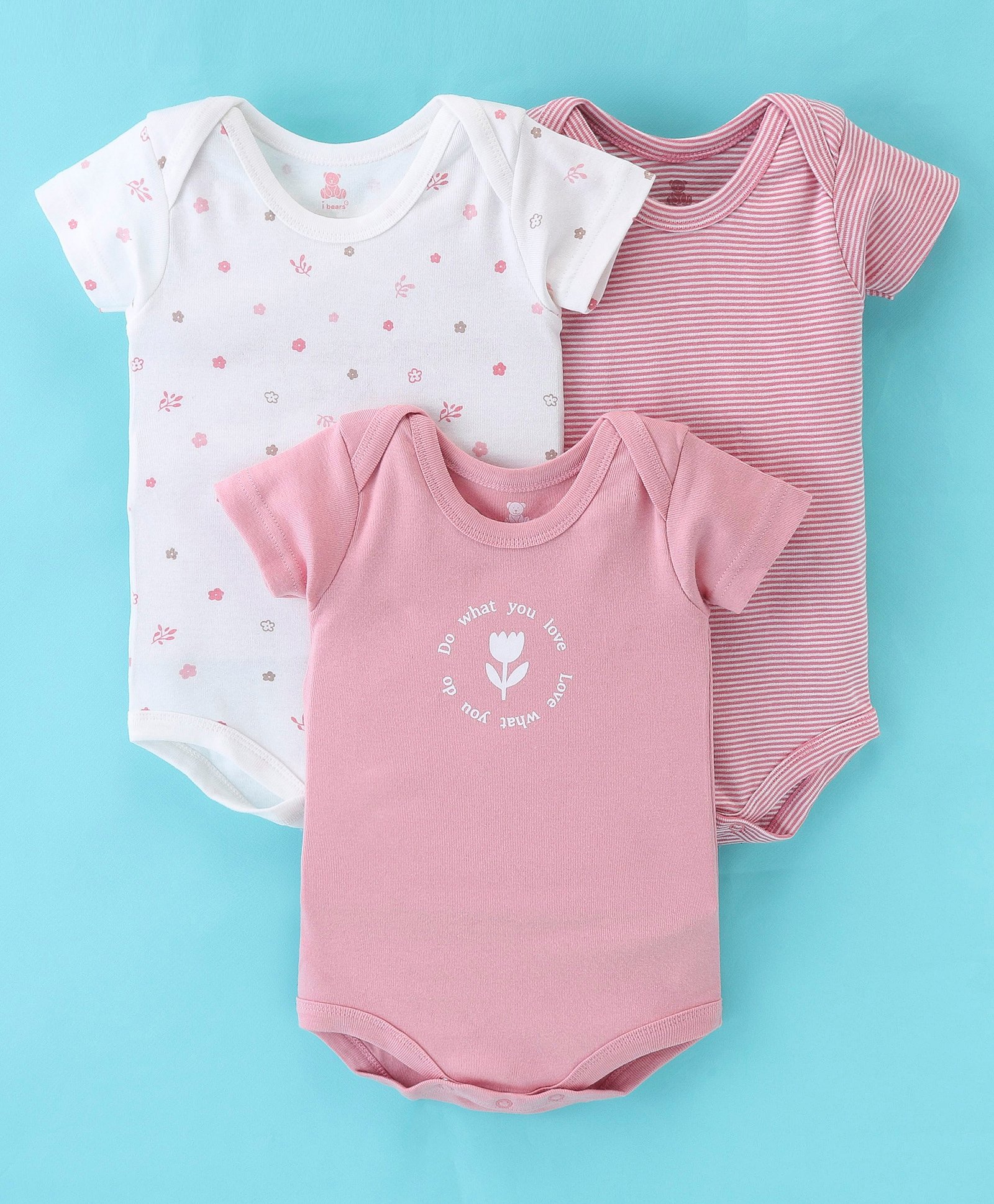 I Bears Interlock Cotton Half Sleeves Onesies Stripes & Floral Print Pack of 3 - White & Pink-image-4