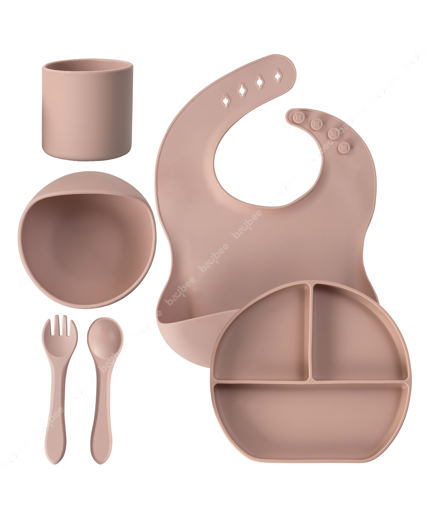 Baybee Tableware Silicone Suction Plate for Kids with 6pcs Baby Feeding Dinner Set, Bowl, Bib, Water Cup, First Stage Spoon & Fork - Pink-image-9