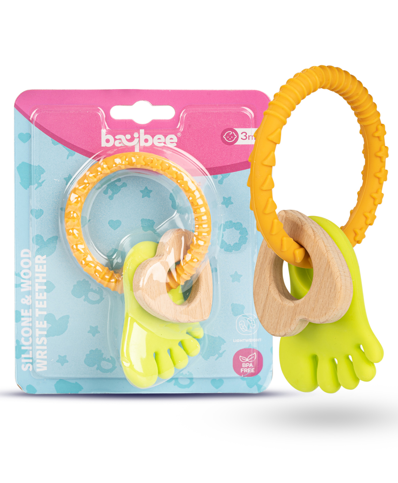 Baybee Wrist Wooden & Silicone Teether for Babies to Soothe Their Gums BPA Free Non Toxic Food Grade Chewing Baby Teether - Multicolor-image-46