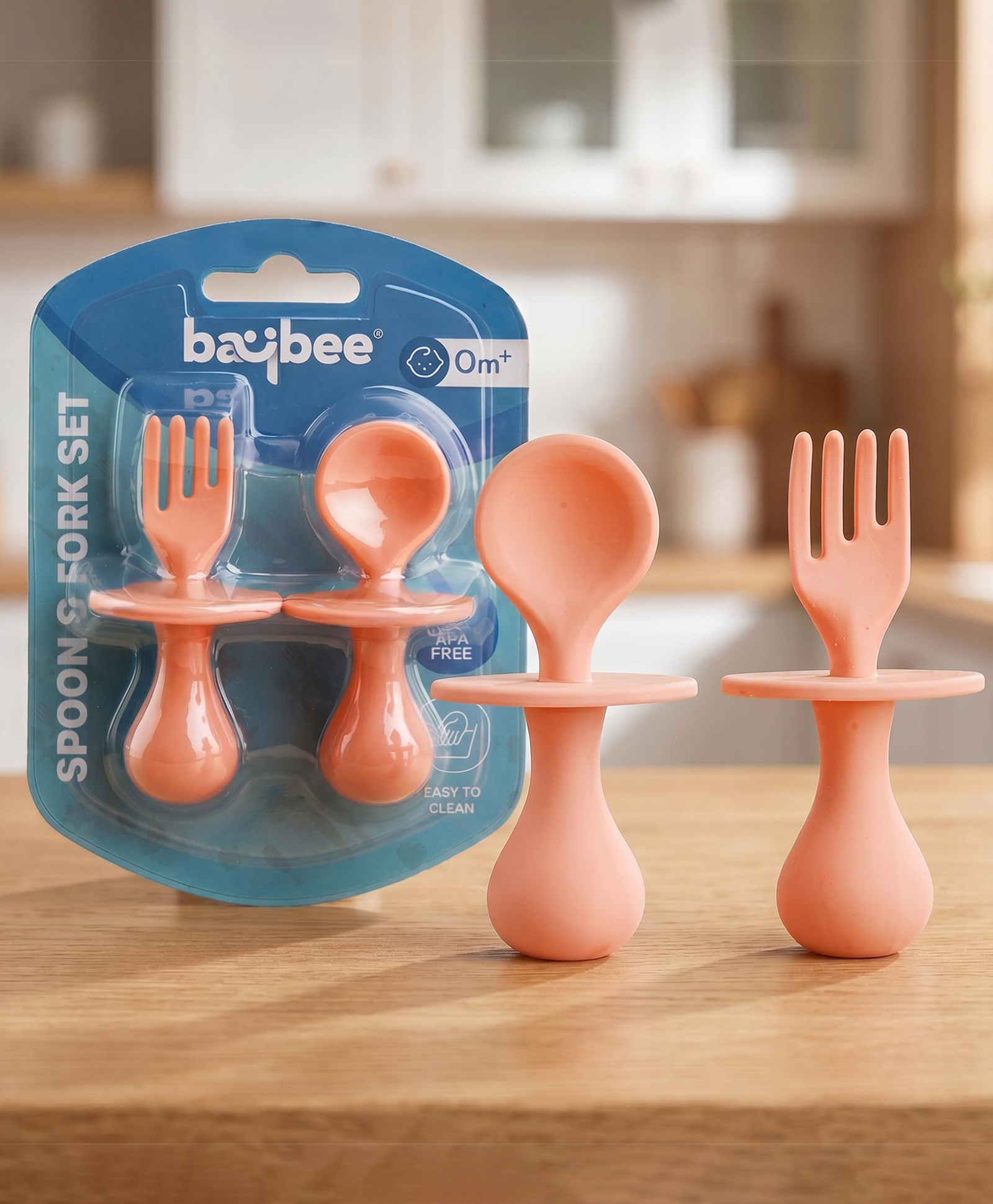 Baybee Silicone Baby Feeding Spoon & Fork Set Non-Toxic BPA Free Training Feeding Spoon Set for toddlers - Pink-image-43