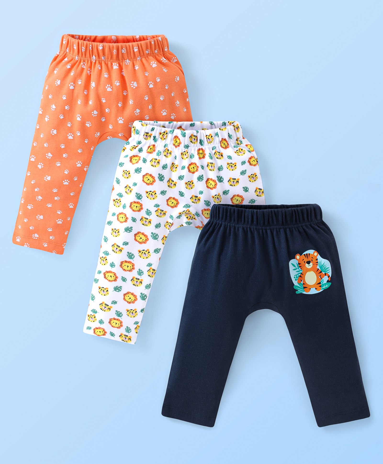Babyhug Cotton Knit Full Length Diaper Pants Paws Print - Orange Off White & Navy