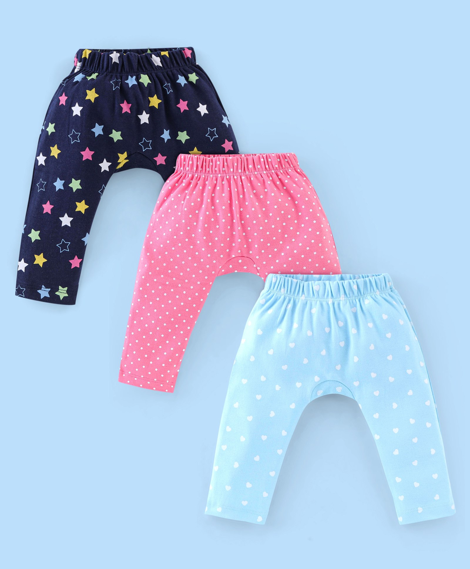Babyhug Cotton Ankle Length Diaper Leggings Dot & Hearts Print Pack Of 3- Pink & Blue-image-4