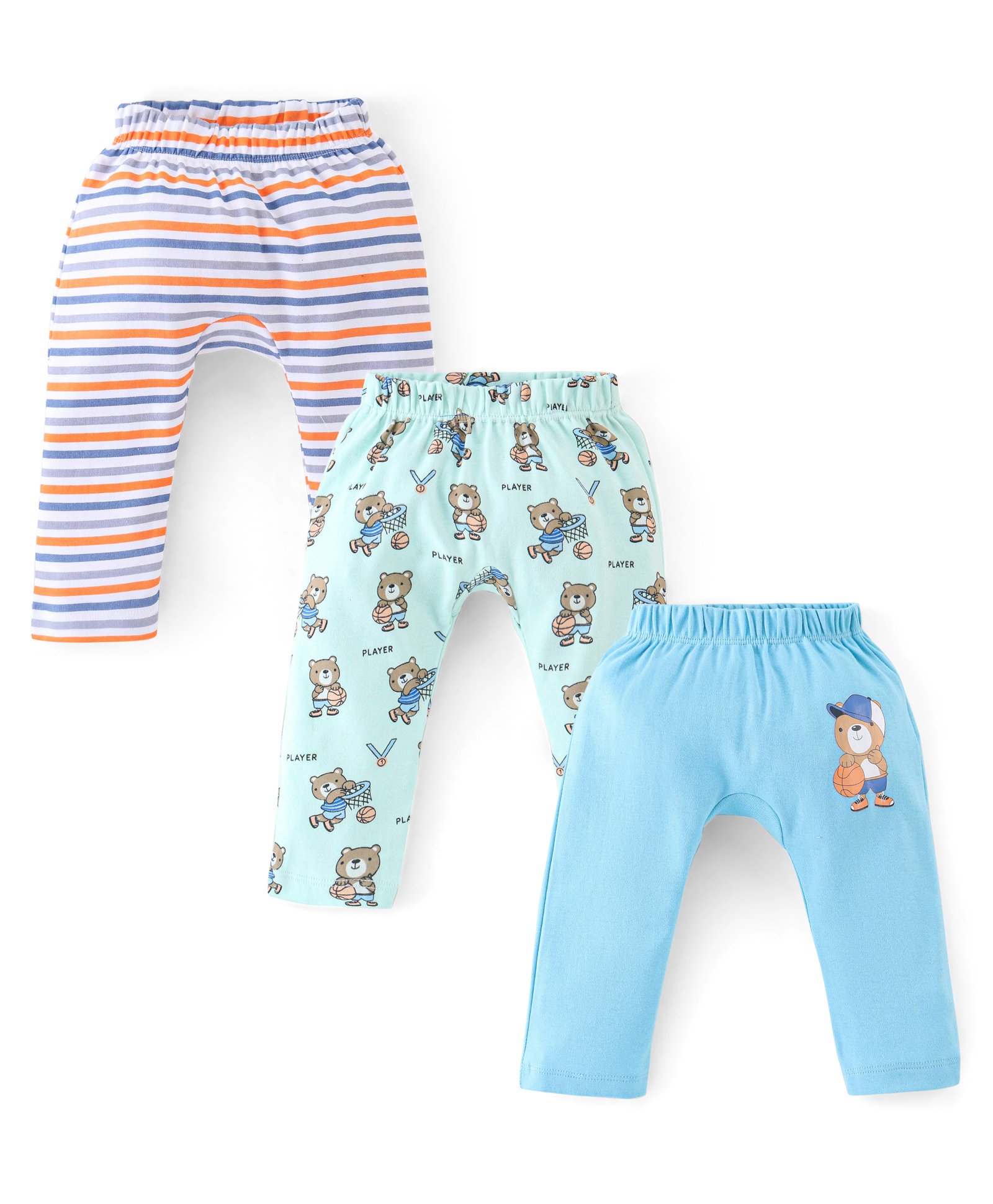 Babyhug Interlock Cotton Ankle Length Diaper Pants Stripes & Bear Print Pack of 3 - Blue & Green