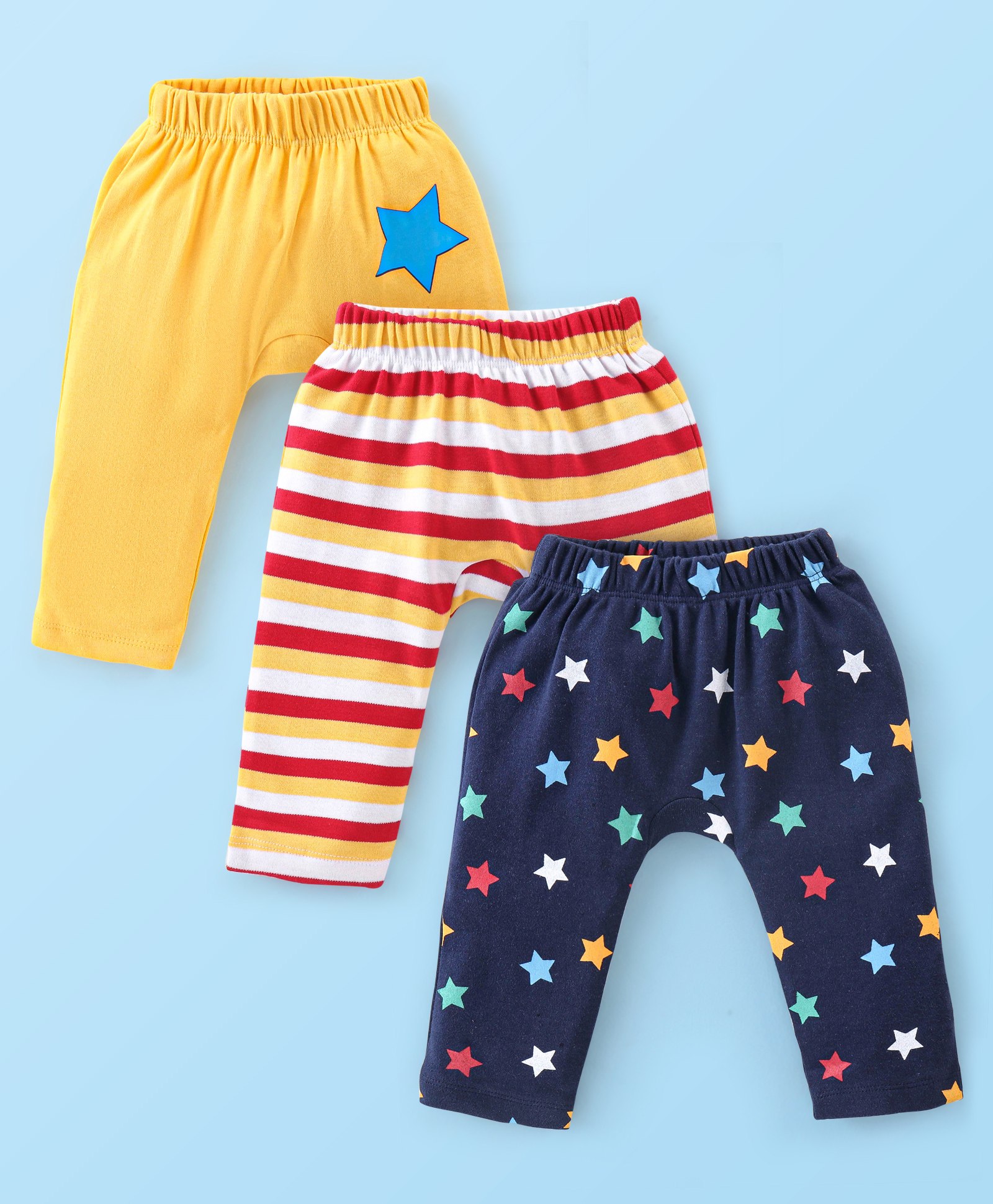 Babyhug Cotton Interlock Knit Full Length Diaper Pants Stripes & Stars Print Pack of 3 - Yellow Red & Blue-image-29