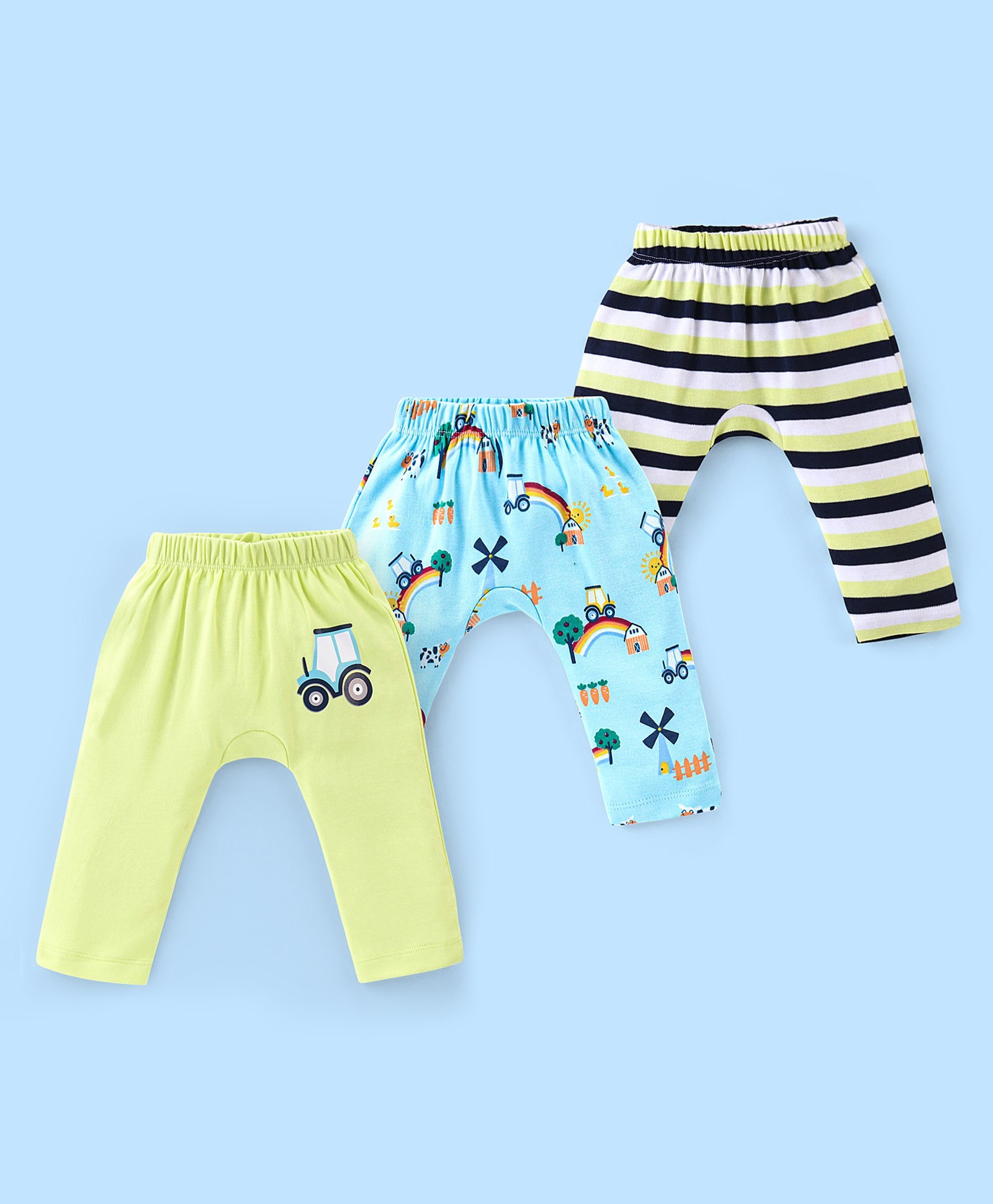 Babyhug Cotton Full Length Diaper Pants Stripes & Car Print Pack of 3- Blue Green & White-image-5