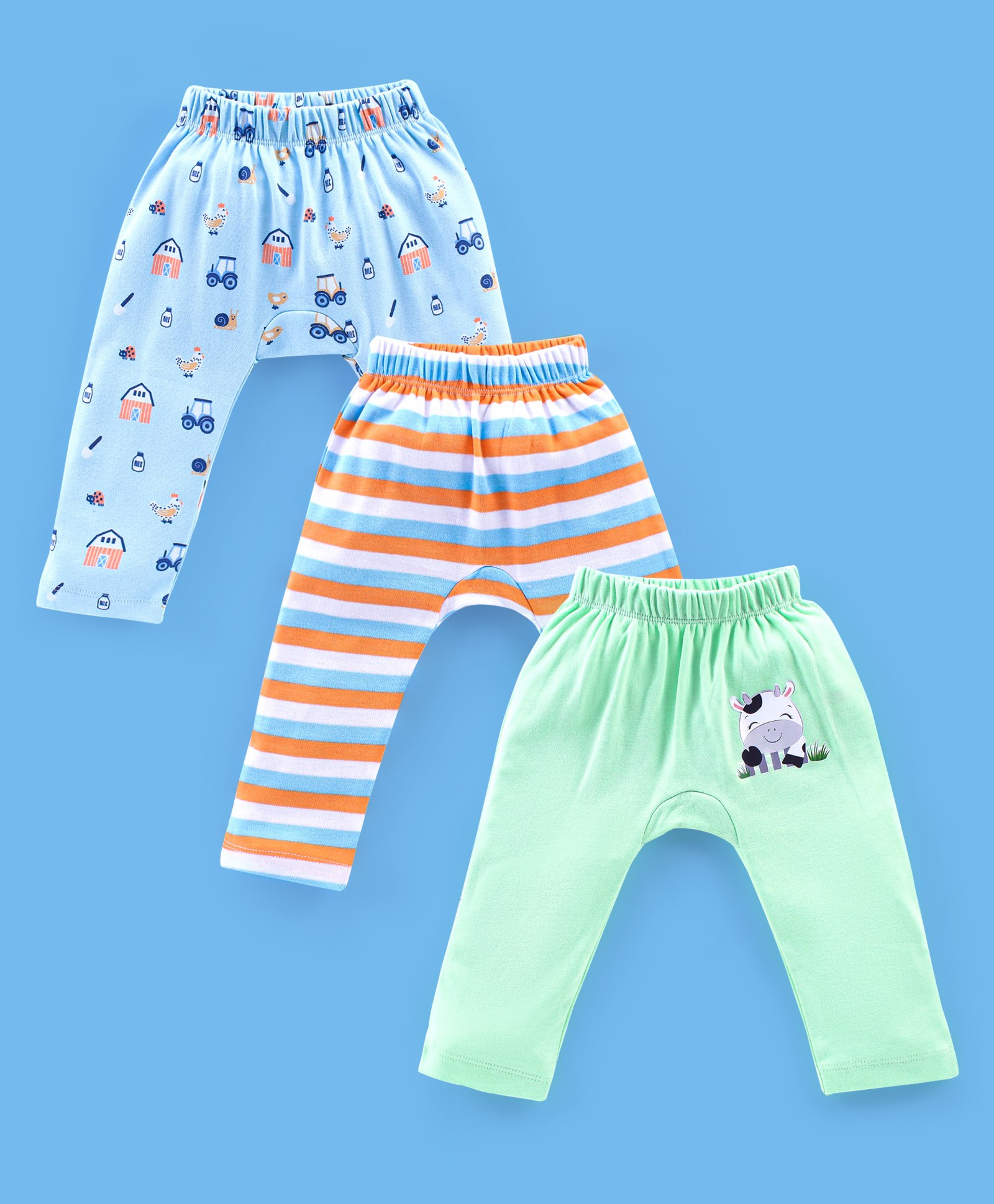 Babyhug Cotton Full Length Diaper Pants Stripes & Cow Print Pack of 3- Blue Green & Orange-image-18