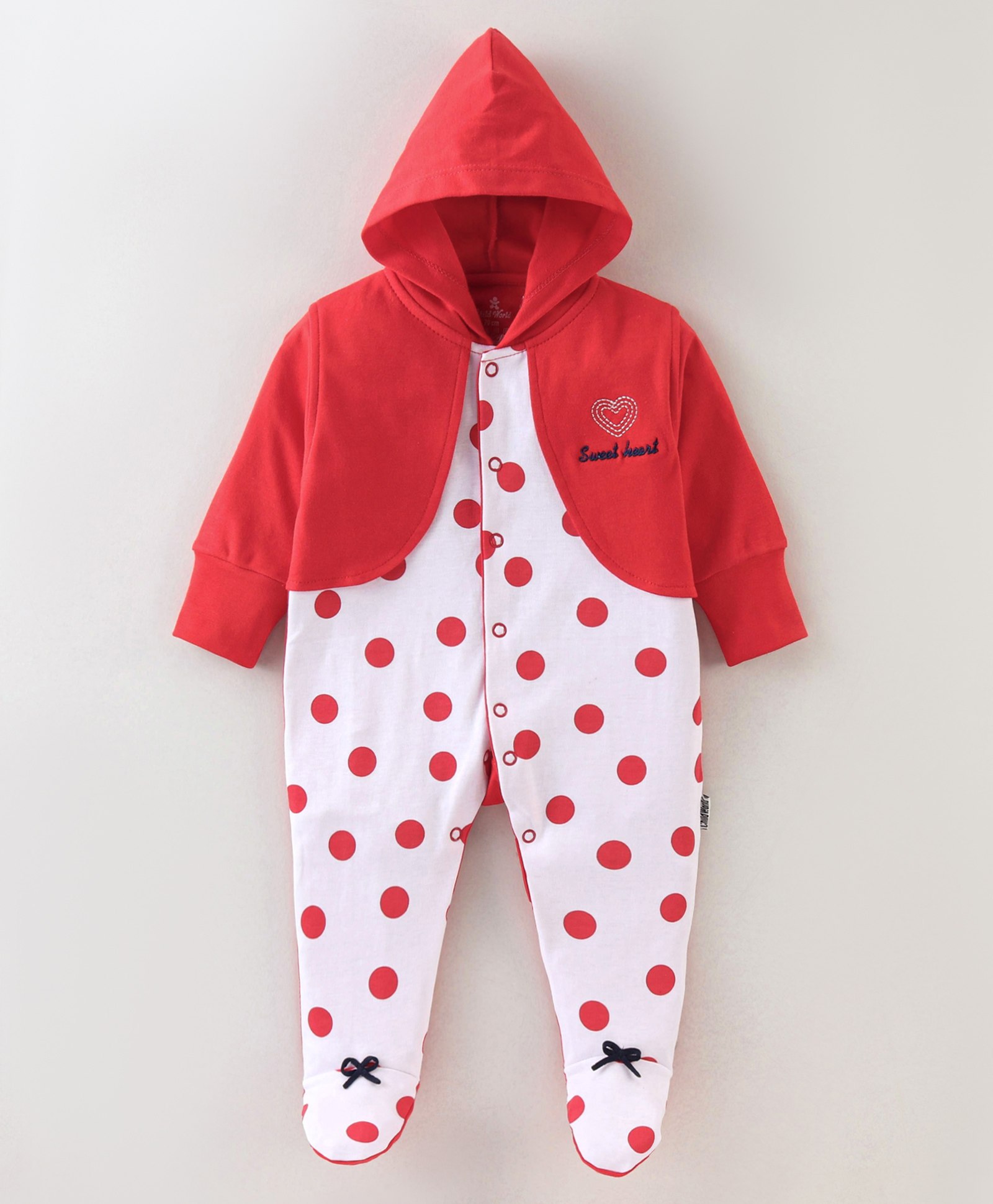 Child World Cotton Interlock Full Sleeves Hooded Footed Sleep Suit Polka Dots Print - Red-picture-2