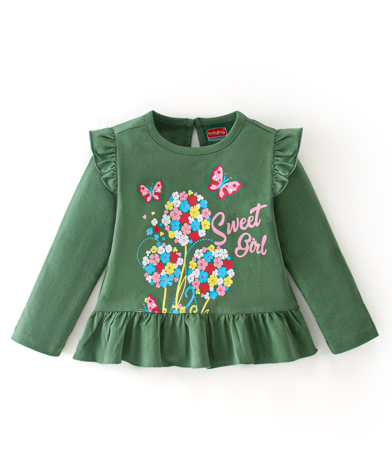 Babyhug Cotton Knit Full Sleeves Floral Print Tee With Floral Graphics and Frill Detailing - Green-image-20