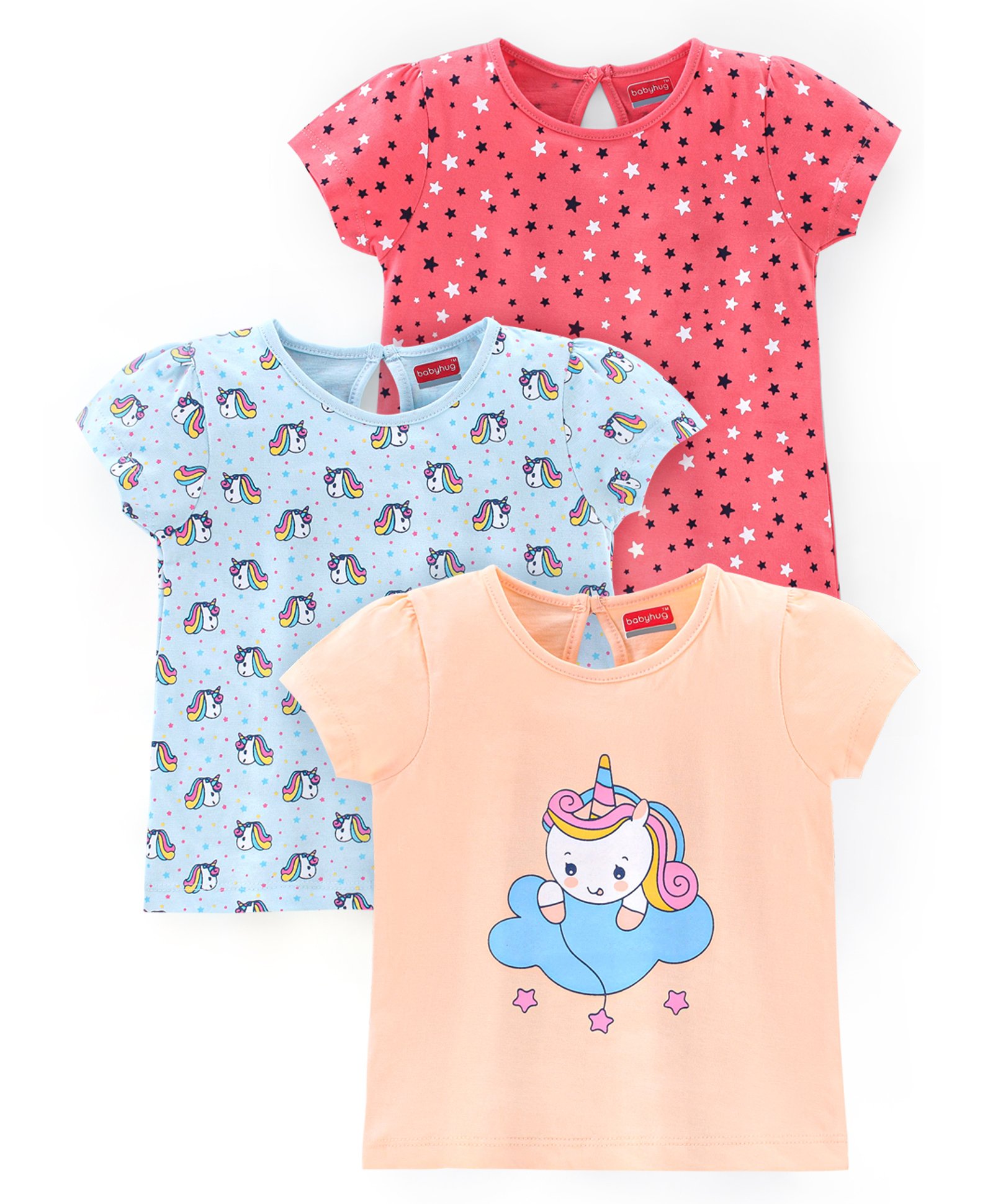 Babyhug Cotton Half Sleeves Tee With Unicorn Graphics Pack Of 3 - Red Blue & Peach-image-41