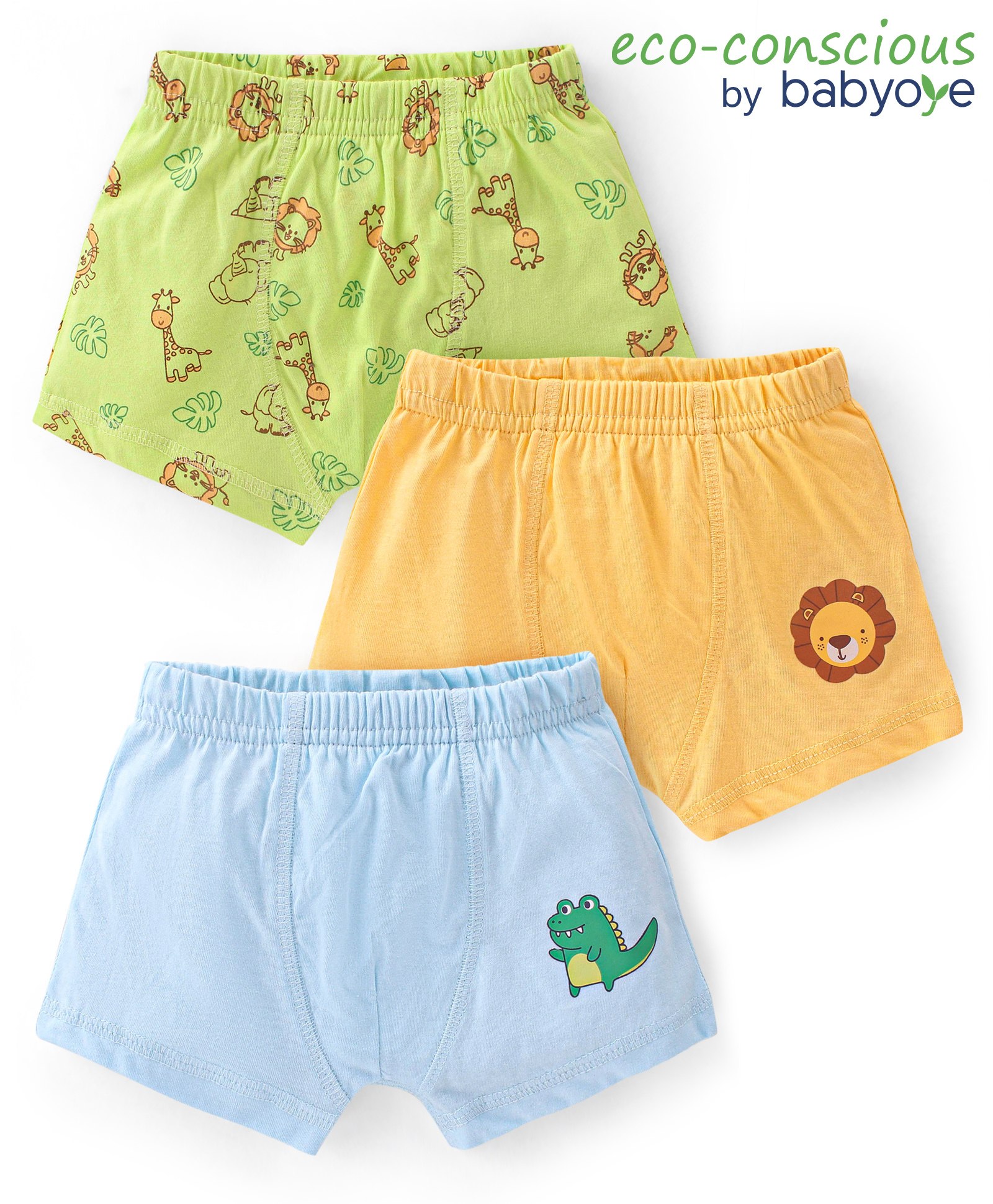 Babyoye Eco Conscious 100% Cotton With Antibacterial Finish Briefs Wild Animal Print Pack of 3 - Yellow Blue & Green-picture-37