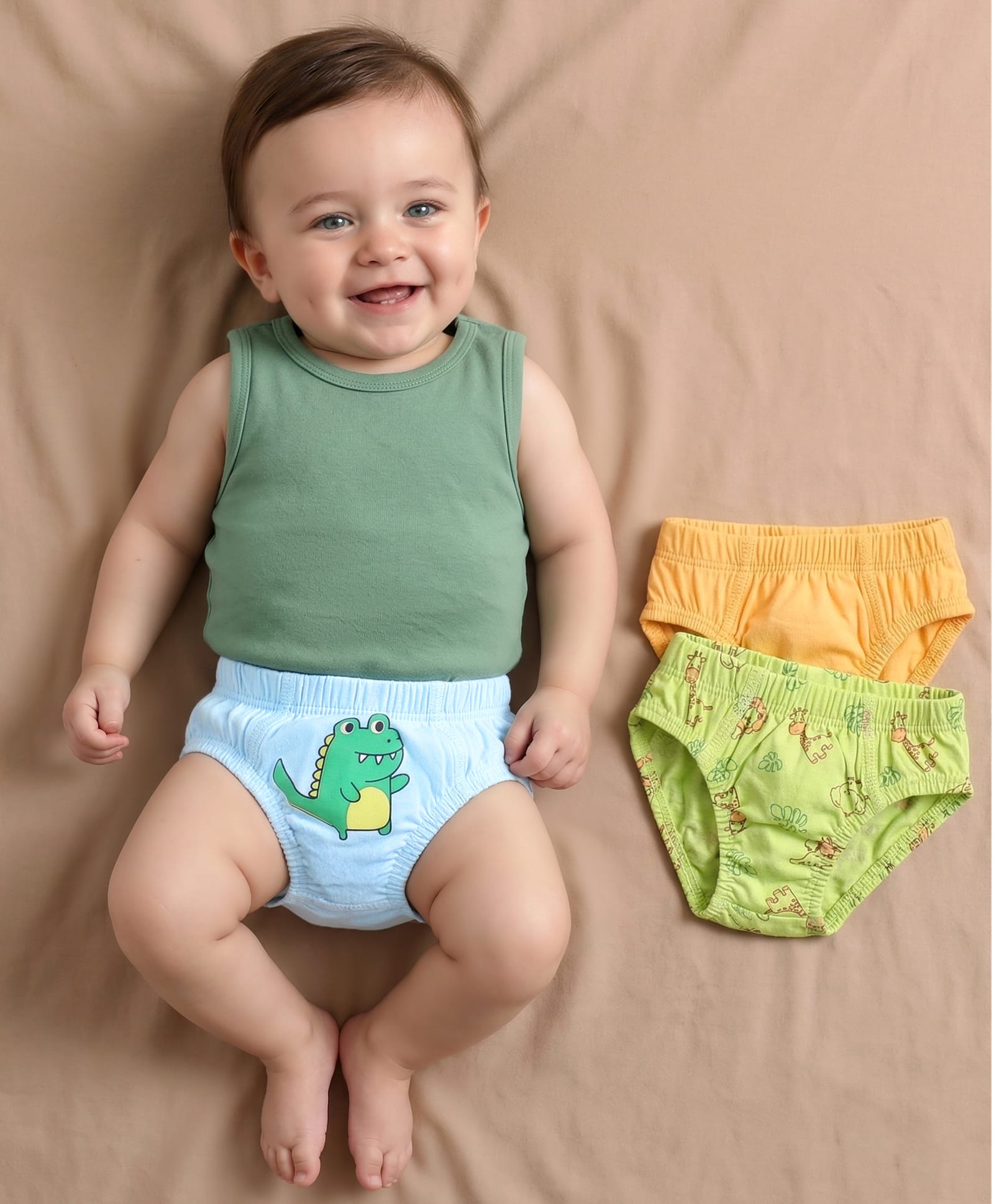 Babyoye Eco Conscious 100% Cotton With Antibacterial Finish Briefs Dino Print Pack of 3 - Yellow Blue & Green-picture-17