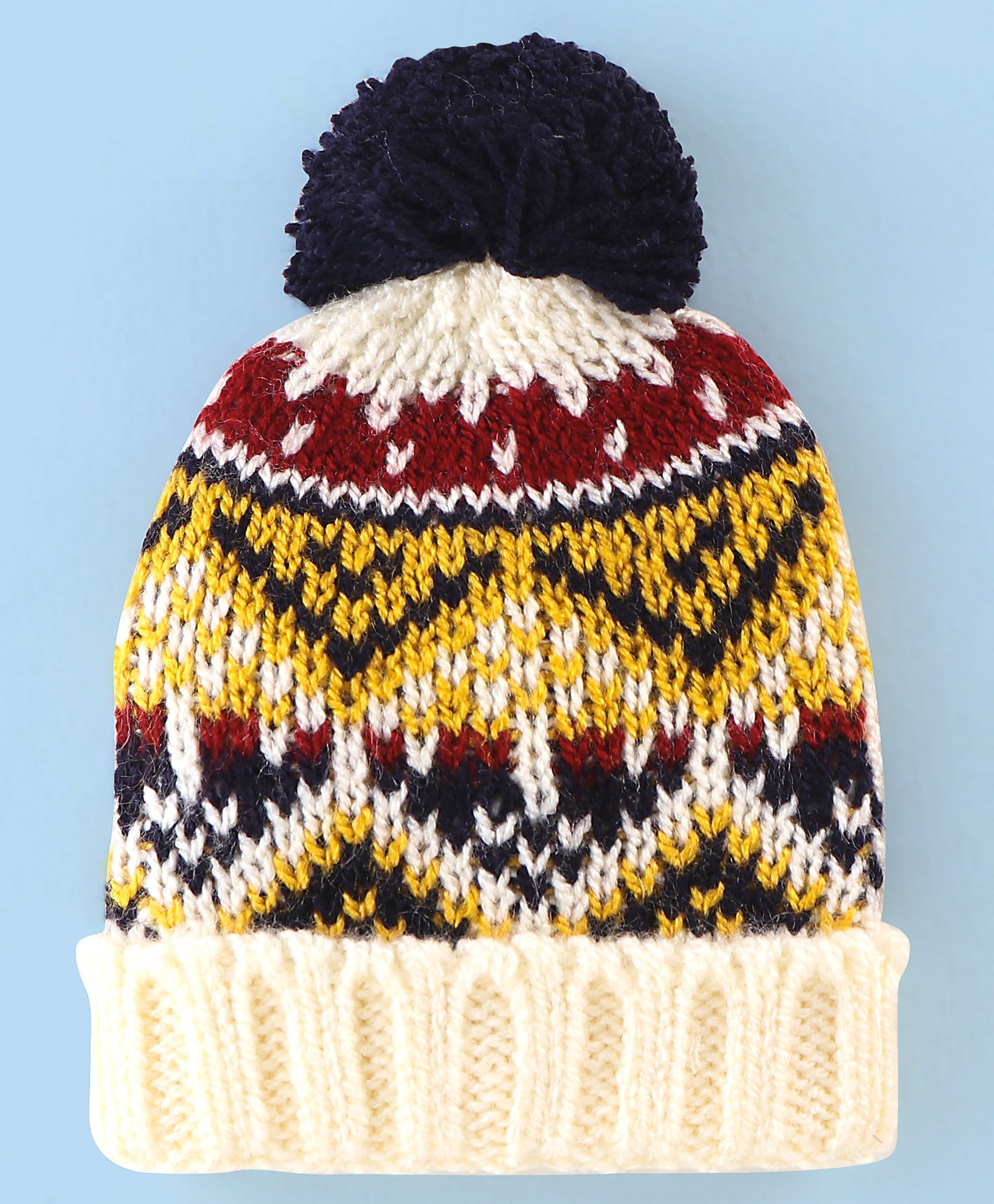 Babyhug Acrylic Elastane Woollen Cap - Red Yellow & Off White-image-2