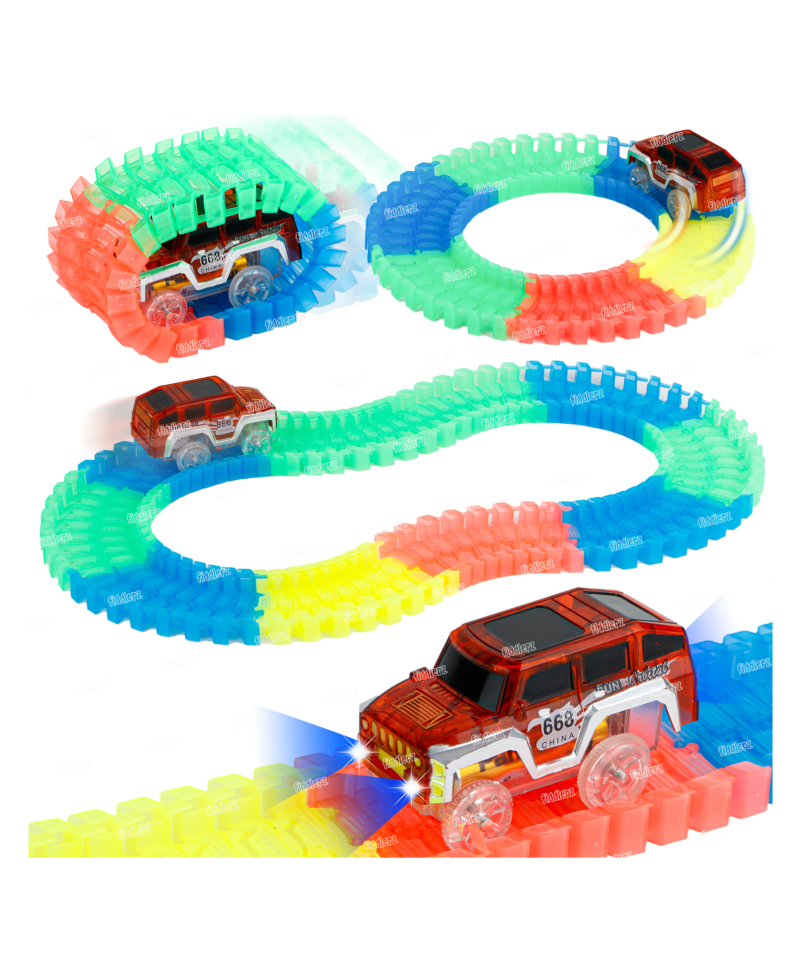 Fiddlerz Glow Magic Flexible and Bendable Race Twister Car Track Set Toy with LED Lights 80 Pieces - Multicolor-picture-11