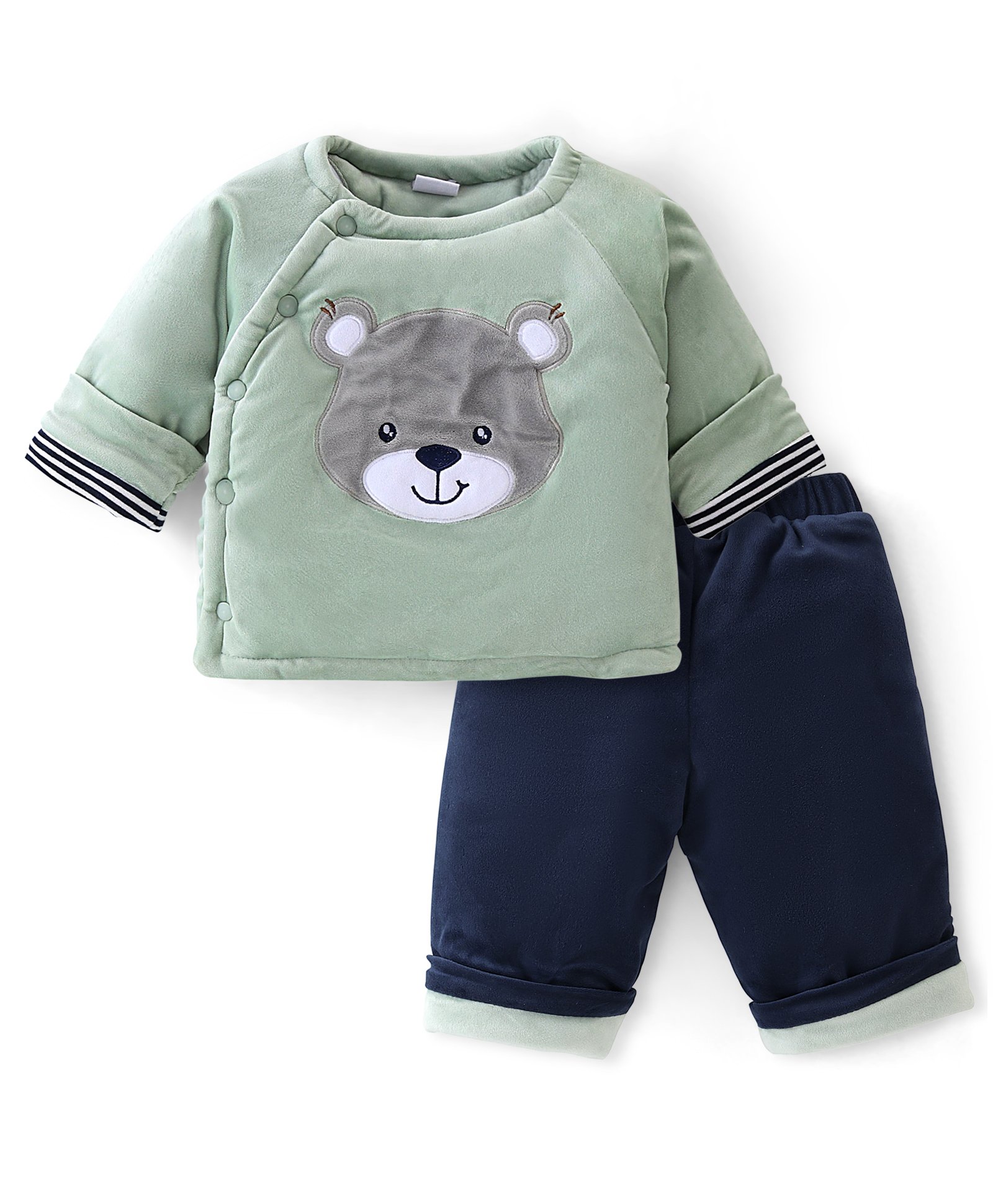 Babyhug 100% Cotton Knit Full Sleeves Winter Wear Suits With Teddy Embroidery - Green & Blue-image-15