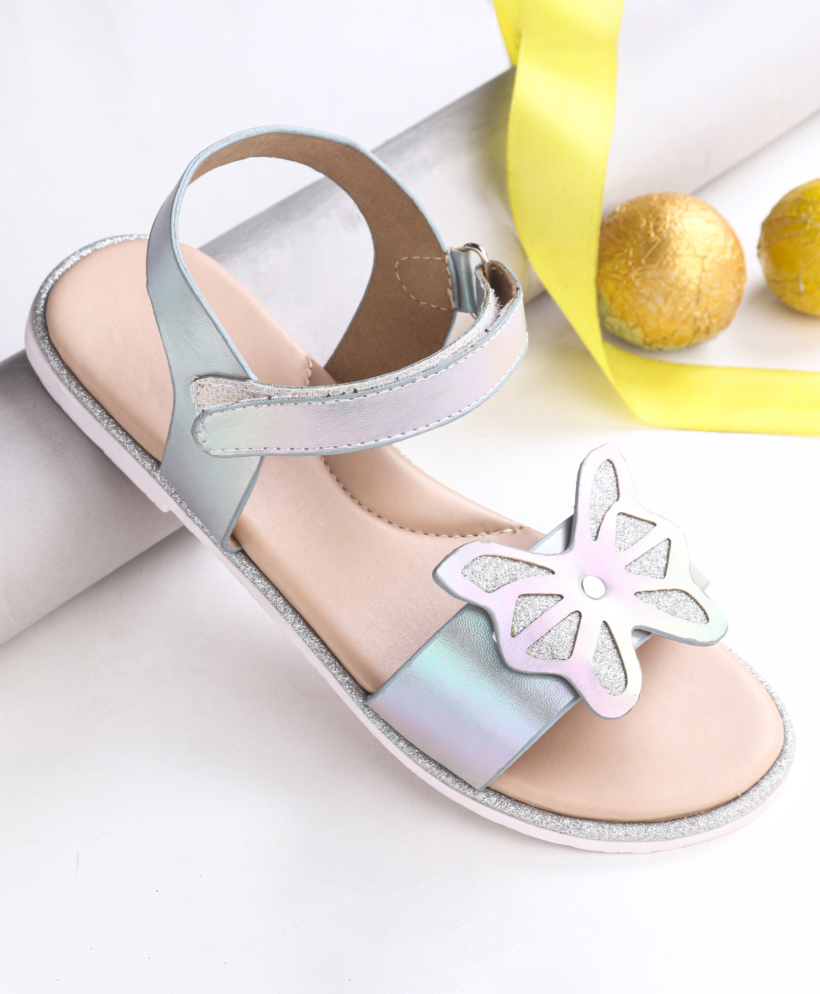 Pine Kids Velcro Closure Sandals with Butterfly Applique - Silver-image-35
