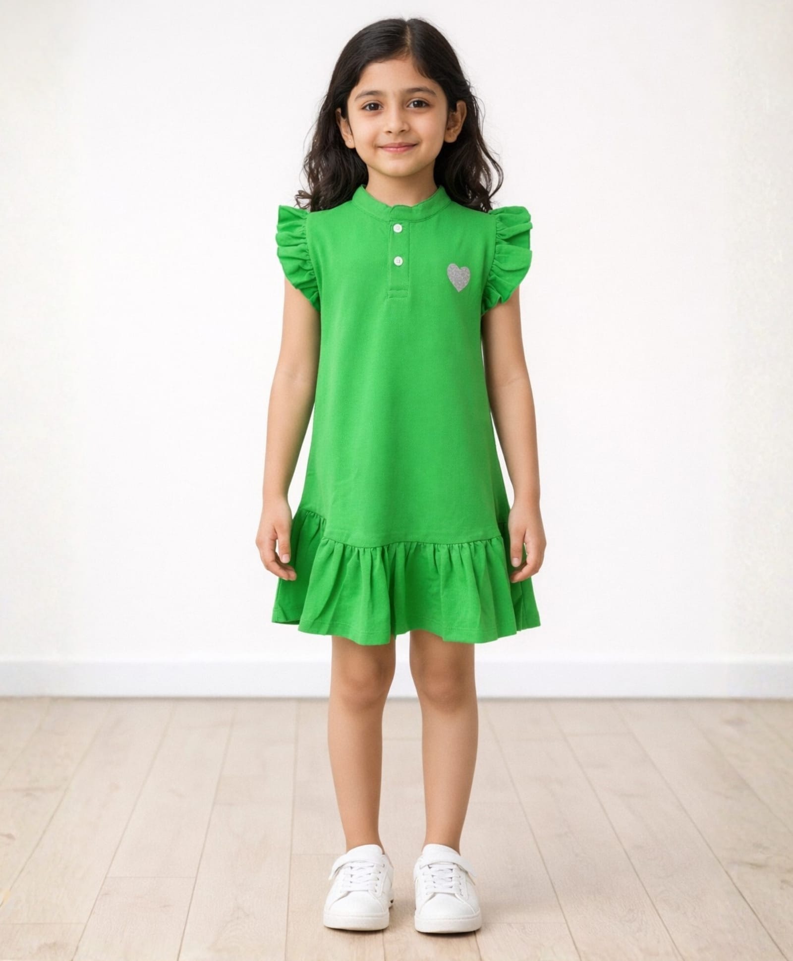 Anthrilo Cap Sleeves Heart Printed Bottom Frilled Dress - Green-image-3