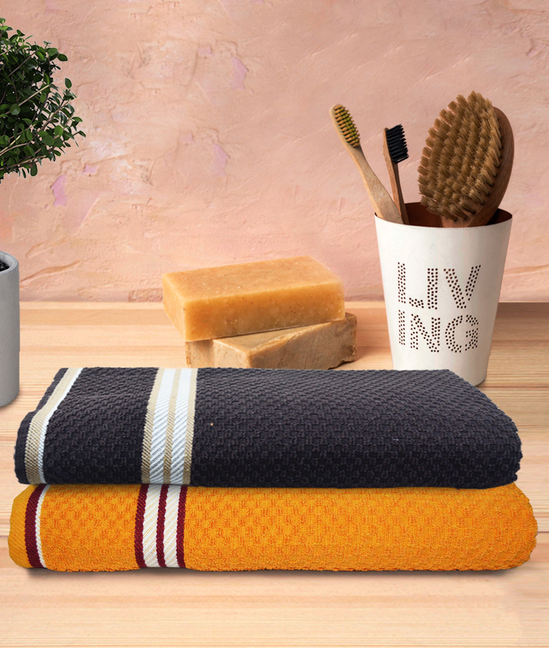 Athom Living Popcorn Textured Solid Bath Towel Pack Of 2 - Black & Yellow-picture-20