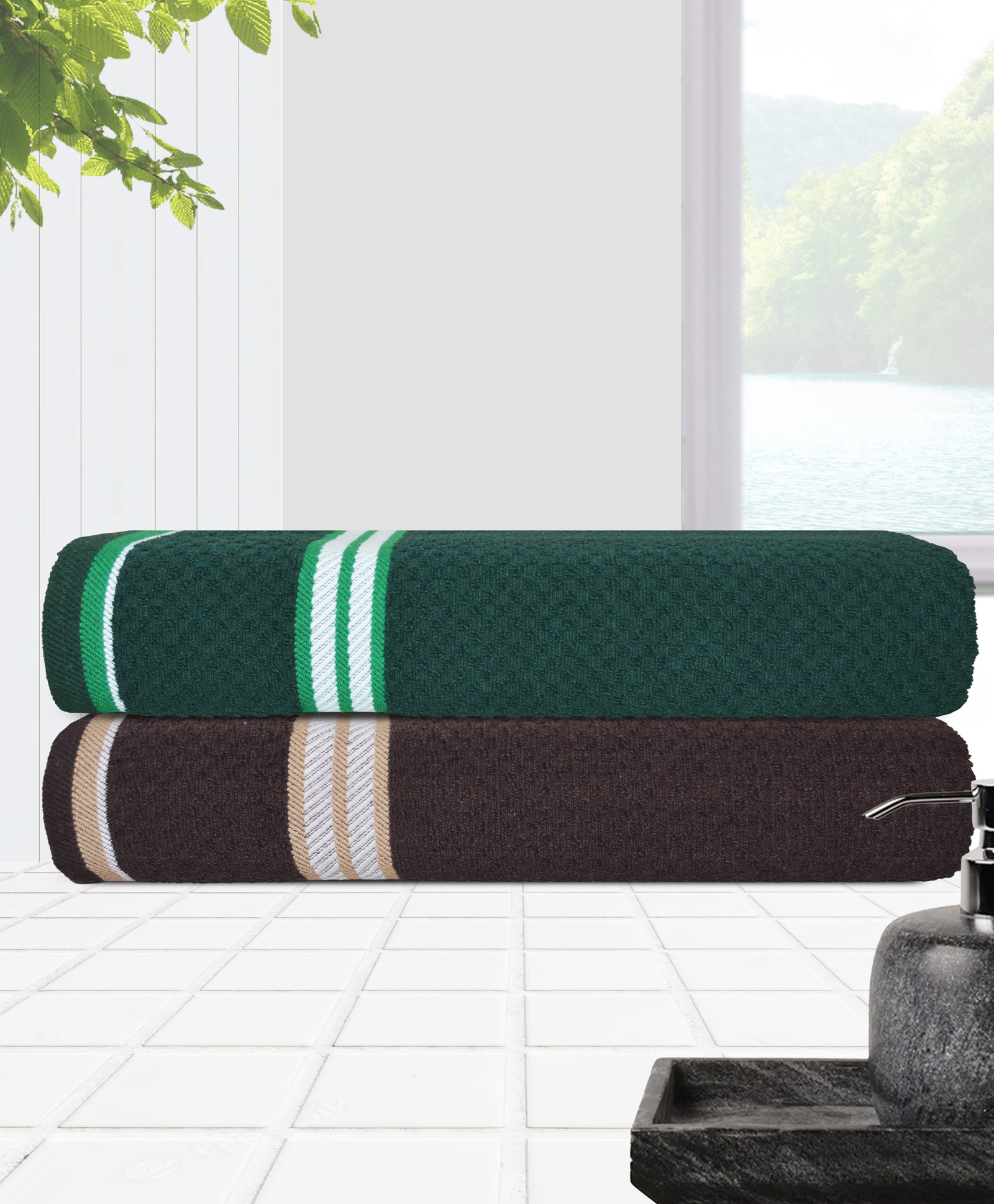 Athom Living Popcorn Textured Solid Bath Towel Pack Of 2 - Green & Maroon-picture-12