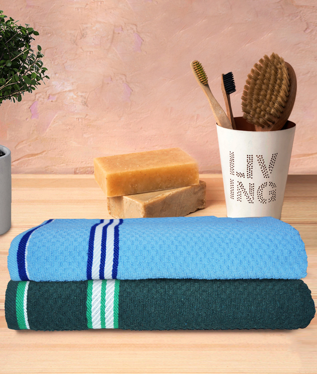 Athom Living Popcorn textured Solid Bath Towel Pack Of 2 - Blue & Green-image-18