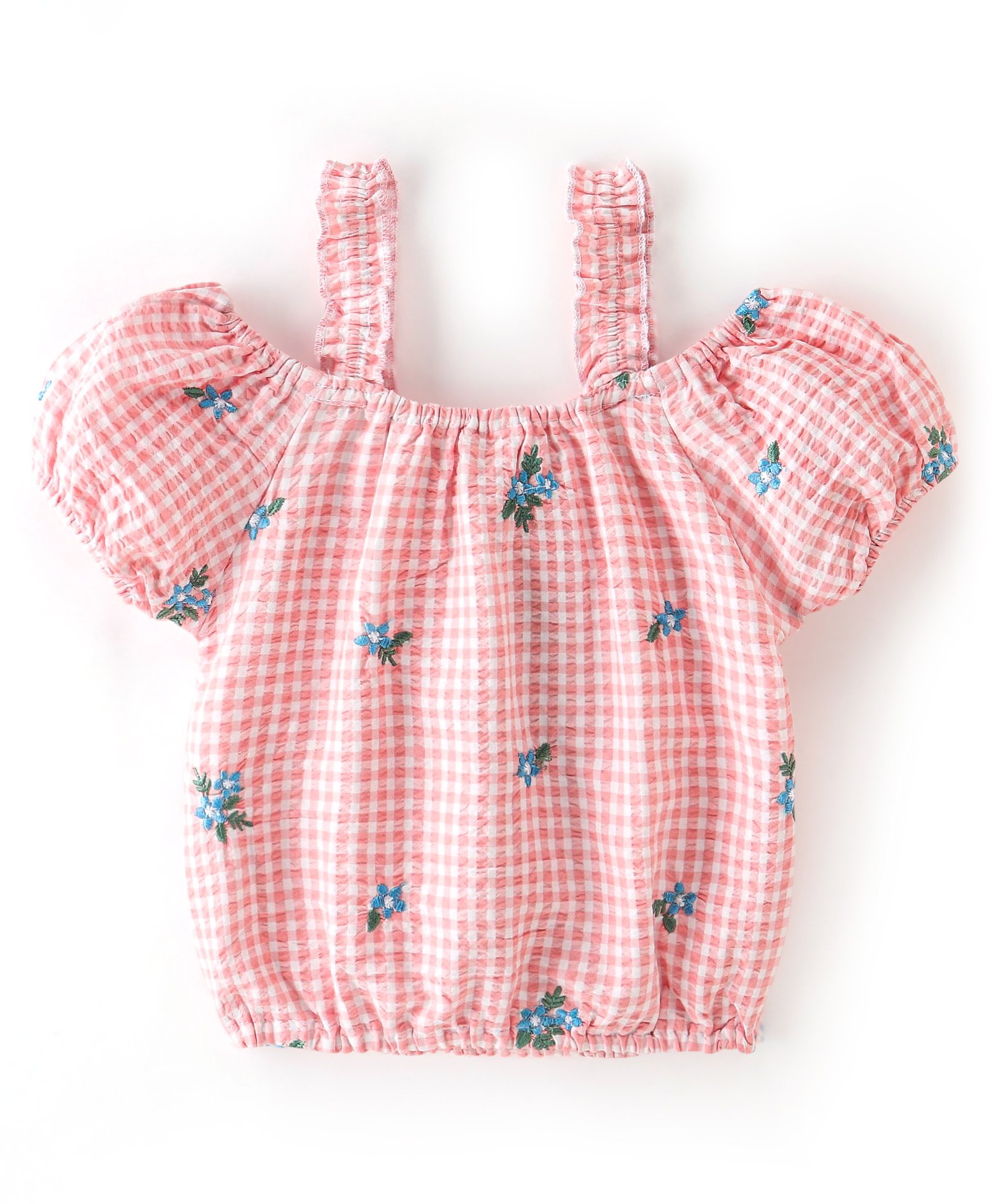 Babyhug Seer Sucker Cold Shoulder Yarn Dyed Woven Checks Top with Frill & Floral Embroidery - Orange-image-6