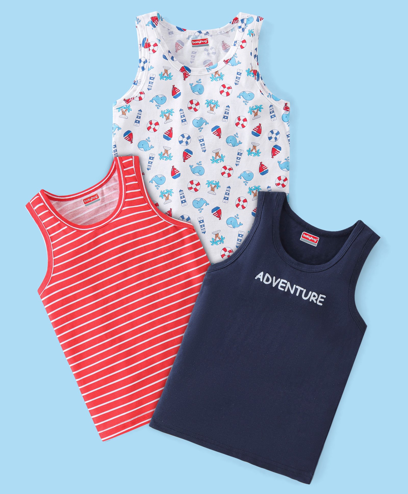 Babyhug 100% Cotton Sando Striped & Sea Life Print Pack of 3 - Red Blue & White-image-35