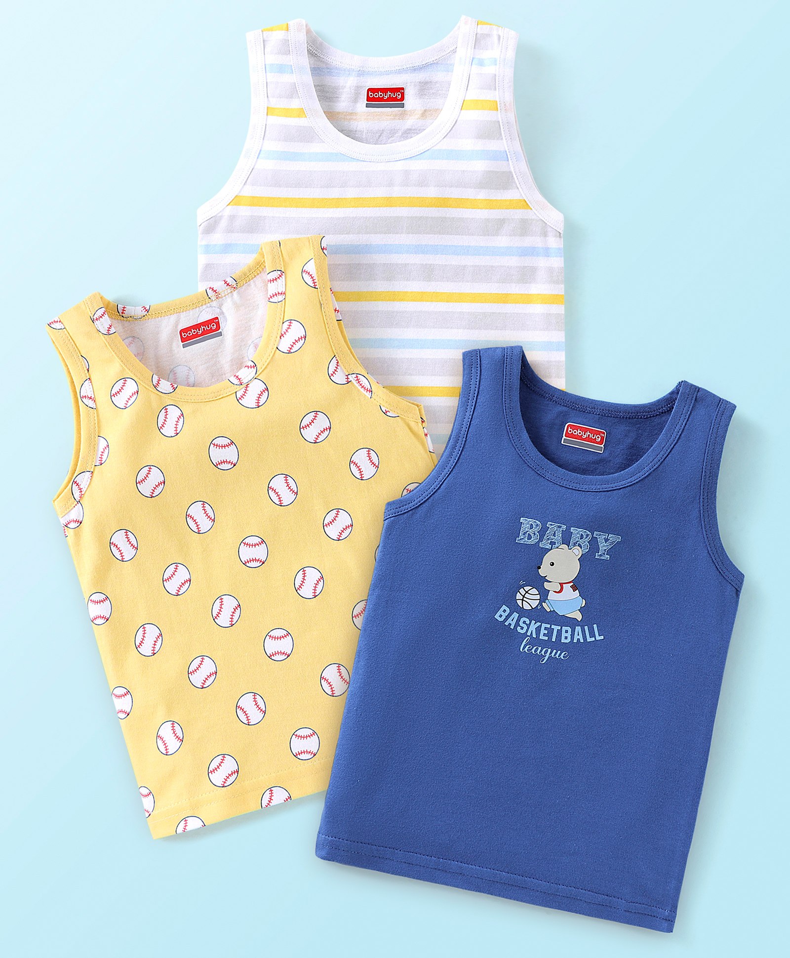 Babyhug 100% Cotton Knit Sleeveless Striped Sandos Balls Print Pack of 3 - Multicolour-picture-24