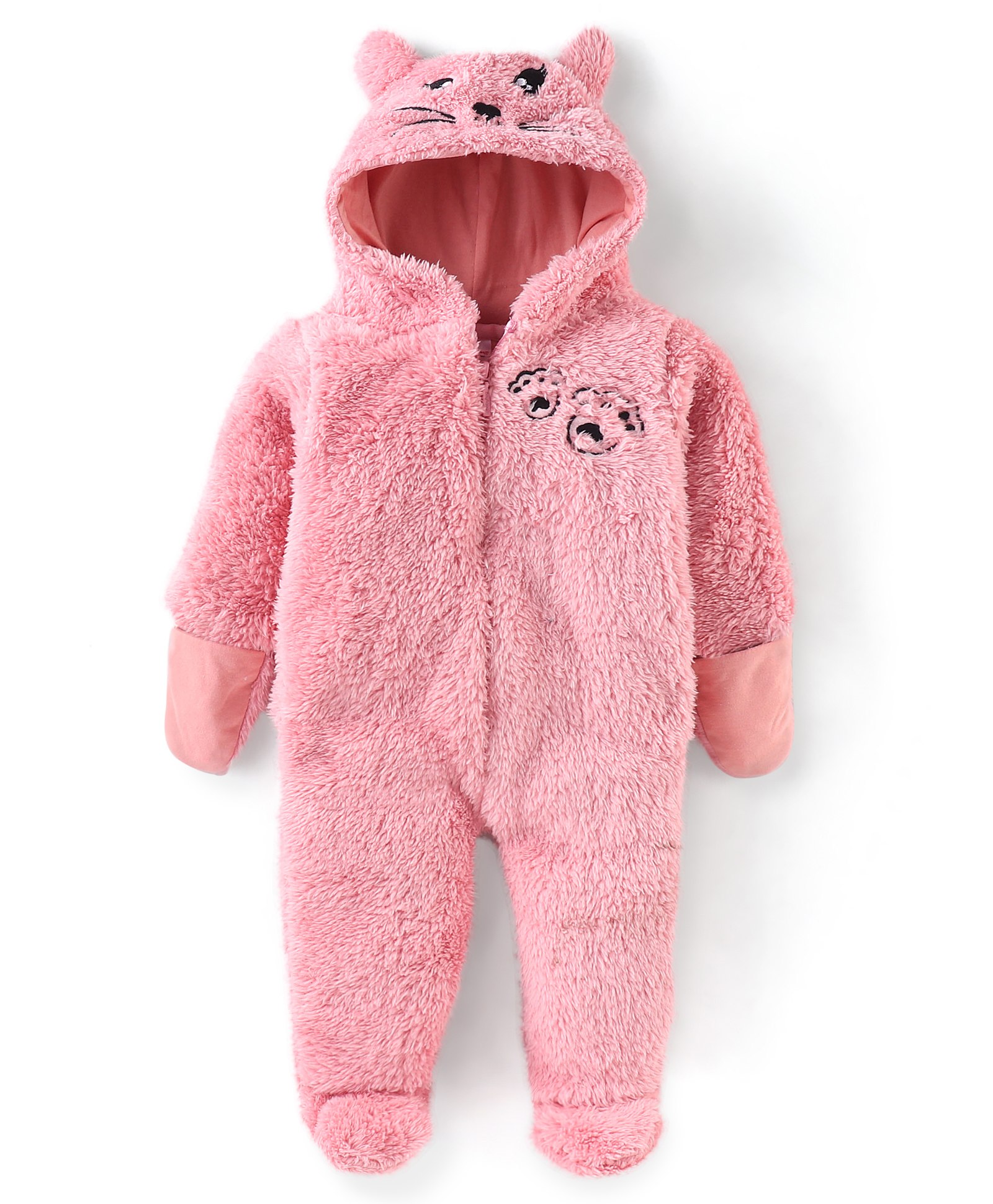 Babyhug Full Sleeves Hooded Winterwear Romper with Kitty Embroidered - Pink-picture-20