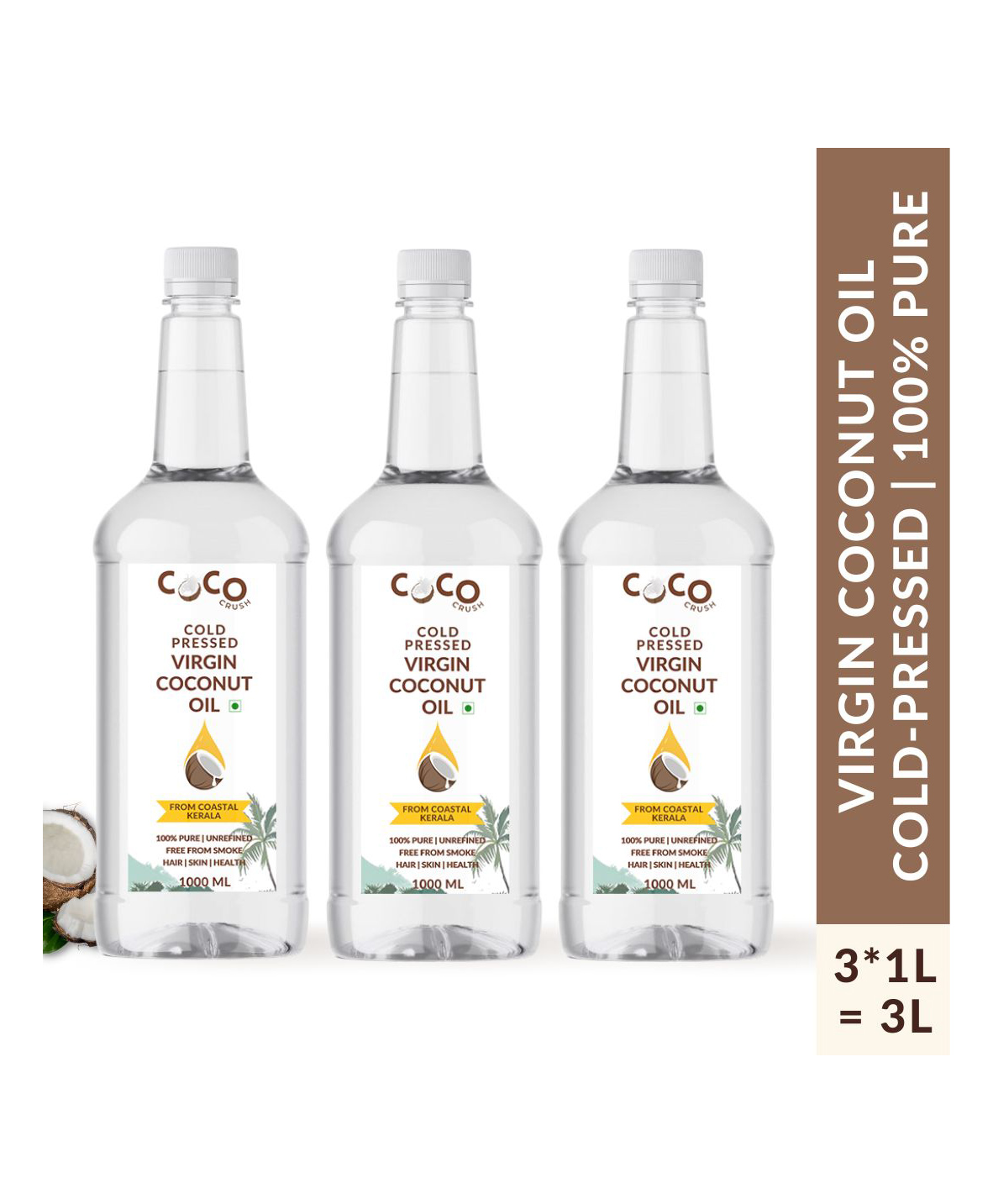 Coco Crush Cold Pressed 100% Pure & Natural Virgin Coconut Oil Pack of 3 - 1000 ml each-image-33