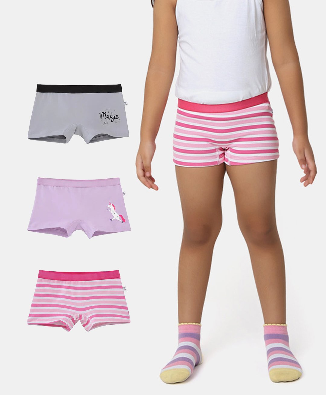 Plan B 95% Cotton 5 % Elastane Pack Of 3 Unicorn Printed & Striped Boxers - Grey & Lavender-picture-35