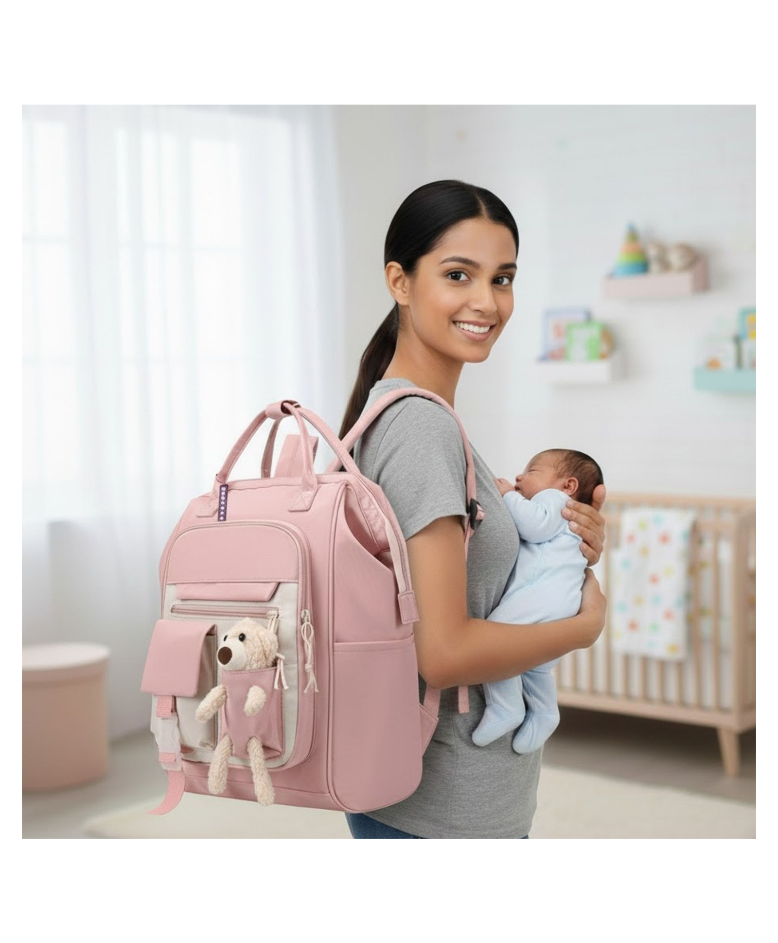 Bembika Diaper Bags for Mom And Dad Kids Diaper Bags For Travel Backpack With Teddy  Pink-image-25