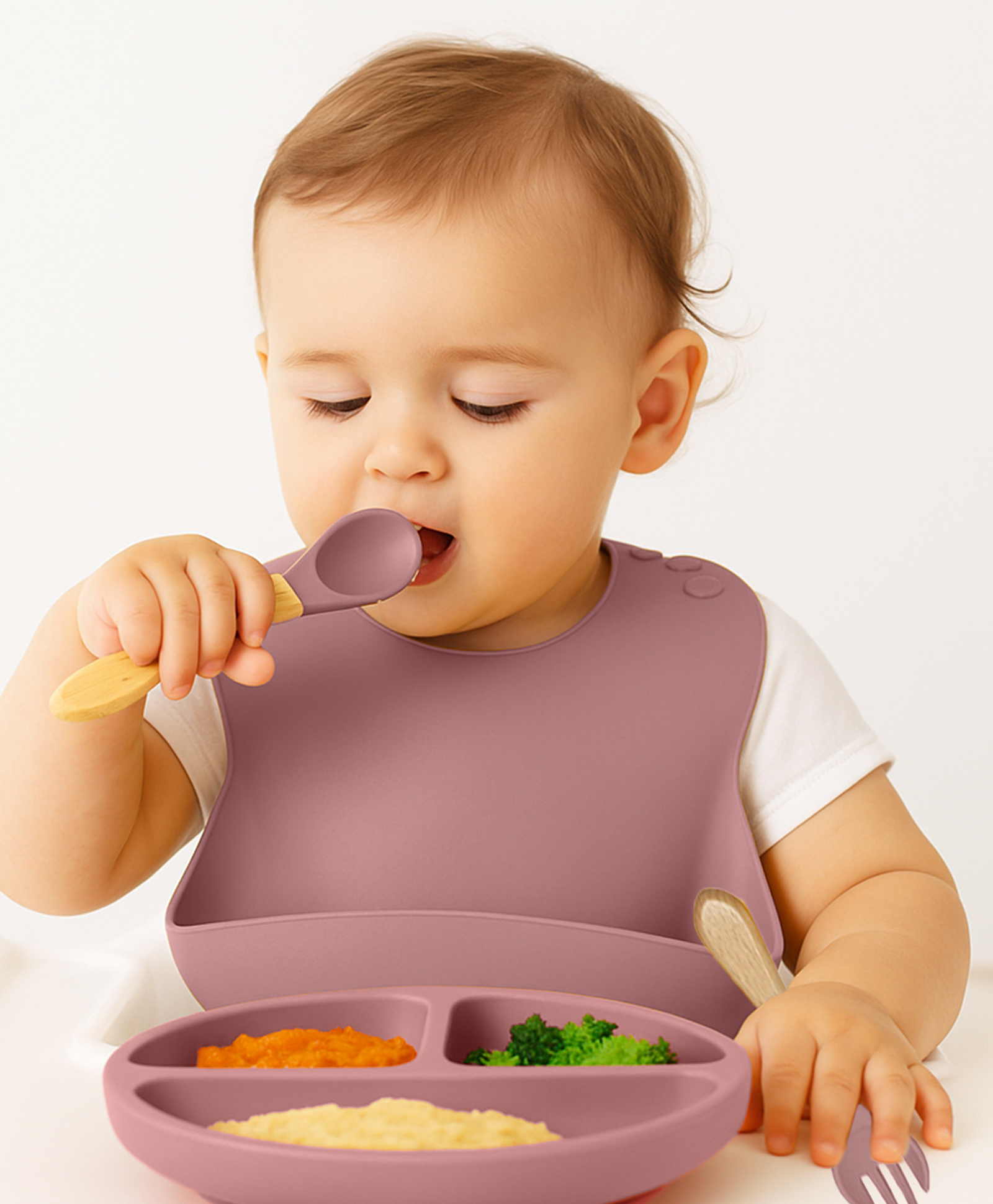 Bembika Baby Feeding Essential Baby Dinner Set Silicone Tableware Set For Baby Infant Training Eating Utensils Pack Of 4 - Pink-picture-17